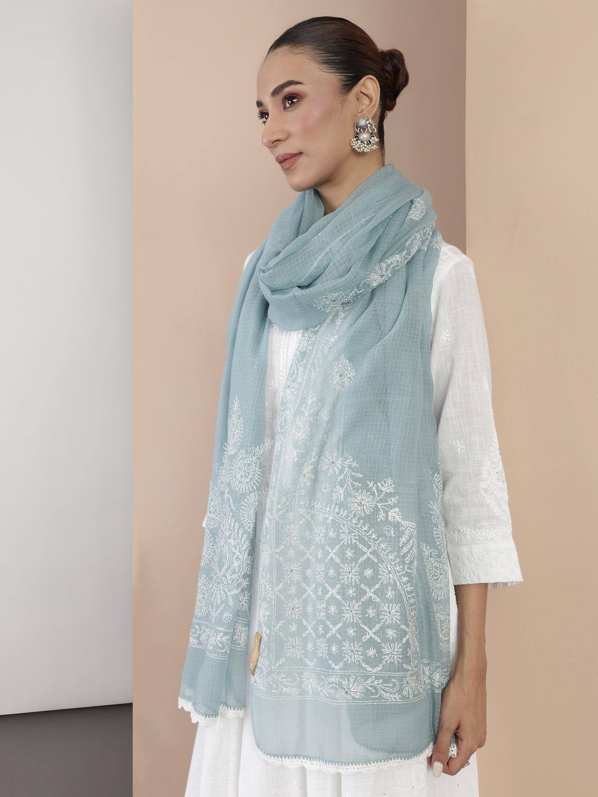 Light Blue Cotton Silk Chikankari Dupatta