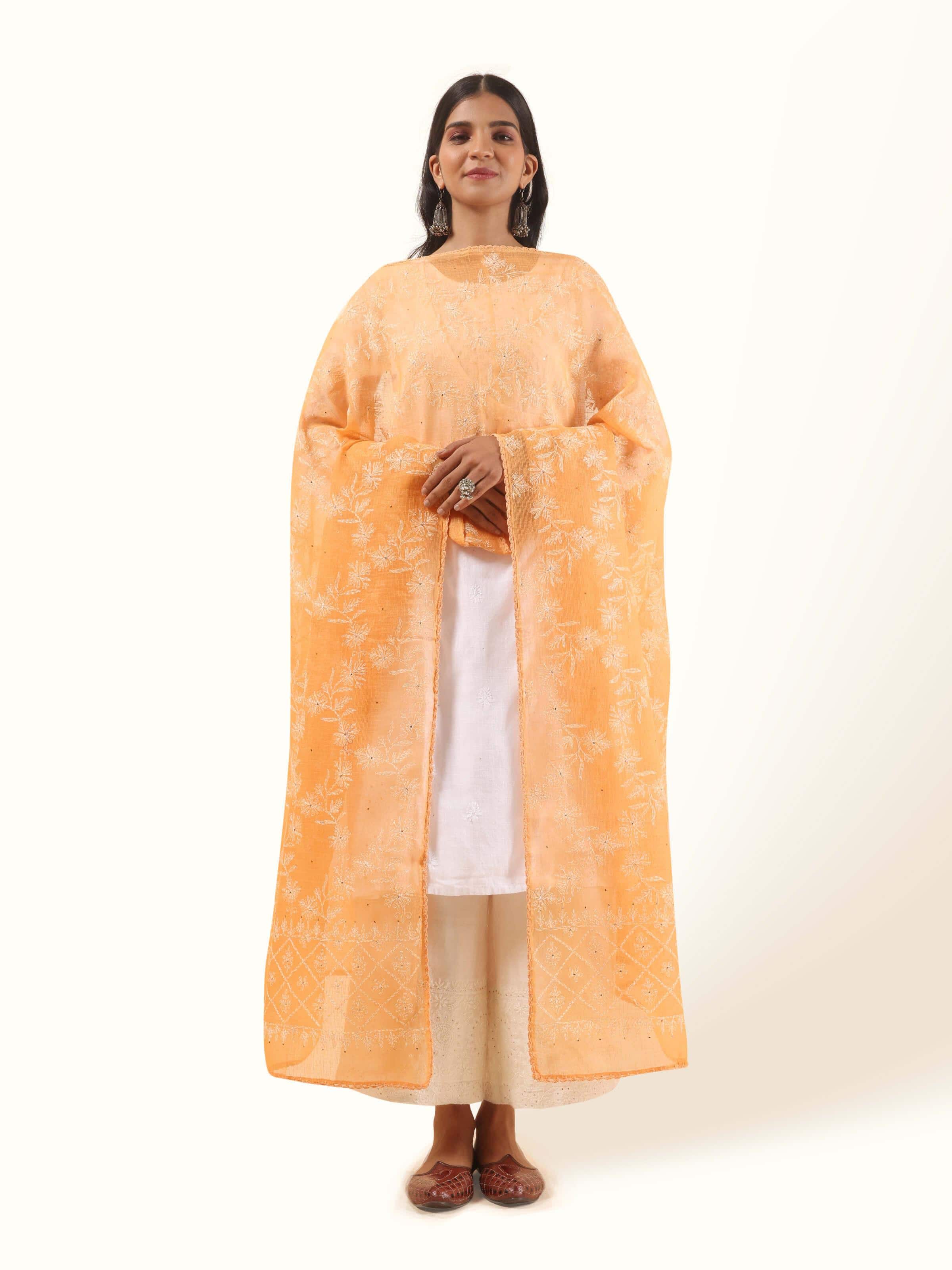 Front view showcasing the delicate yellow and white cotton silk dupatta, adorned with intricate Chikankari embroidery for a soft, elegant finish.