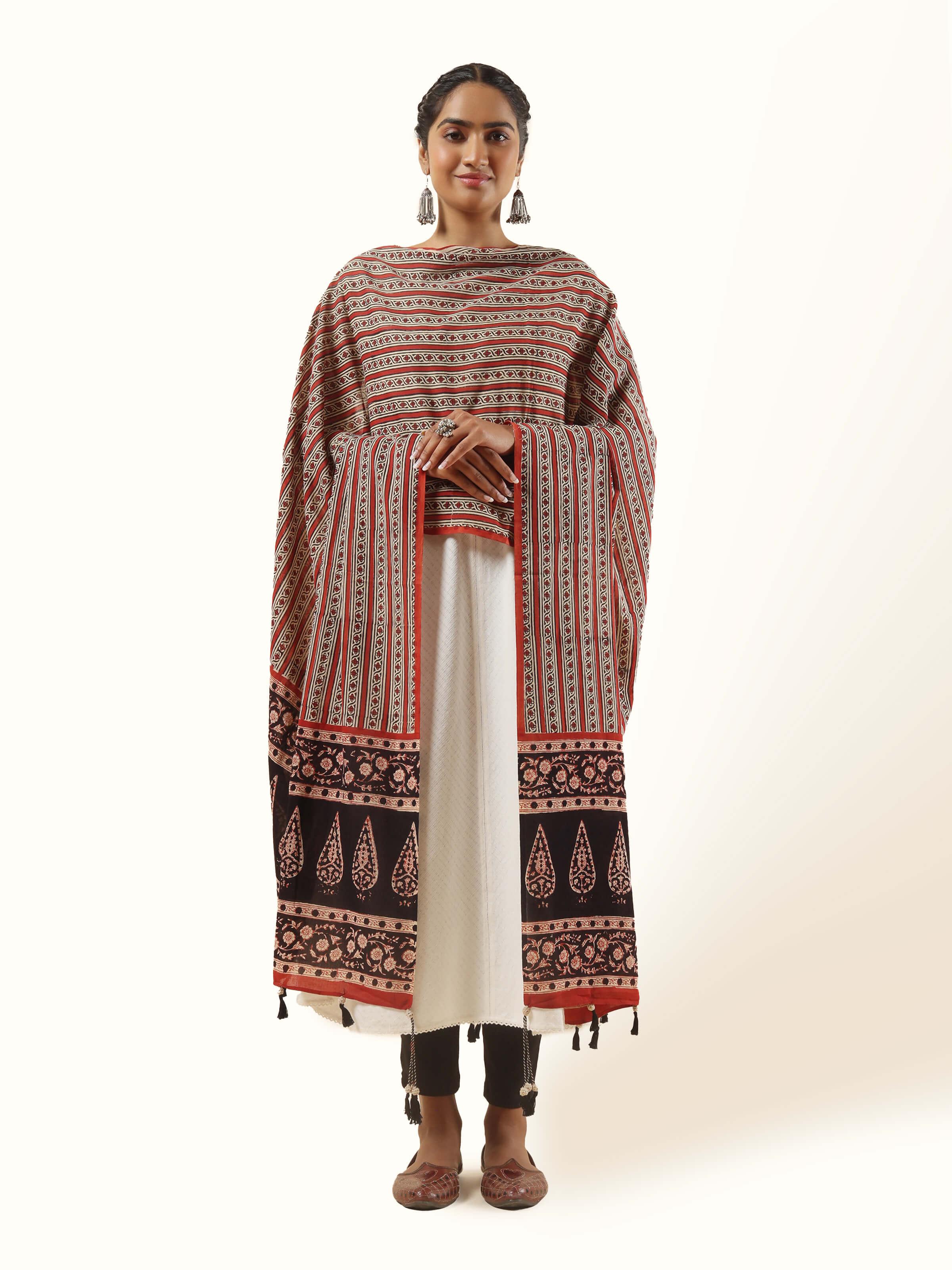 Front view of cotton Bagru block printed dupatta in earthy tones and floral motifs