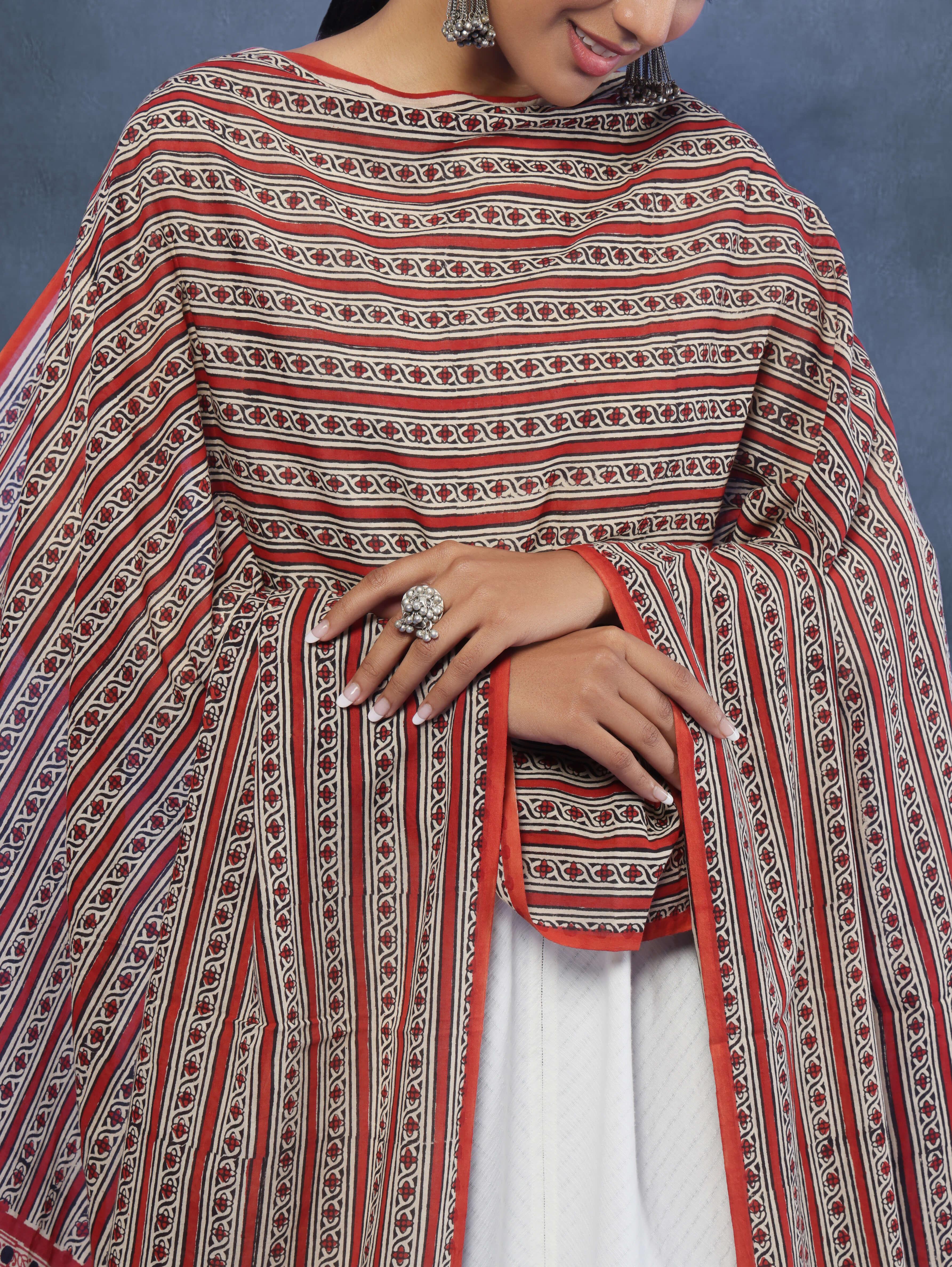 Detail shot of Bagru block printed cotton dupatta focusing on traditional blockwork