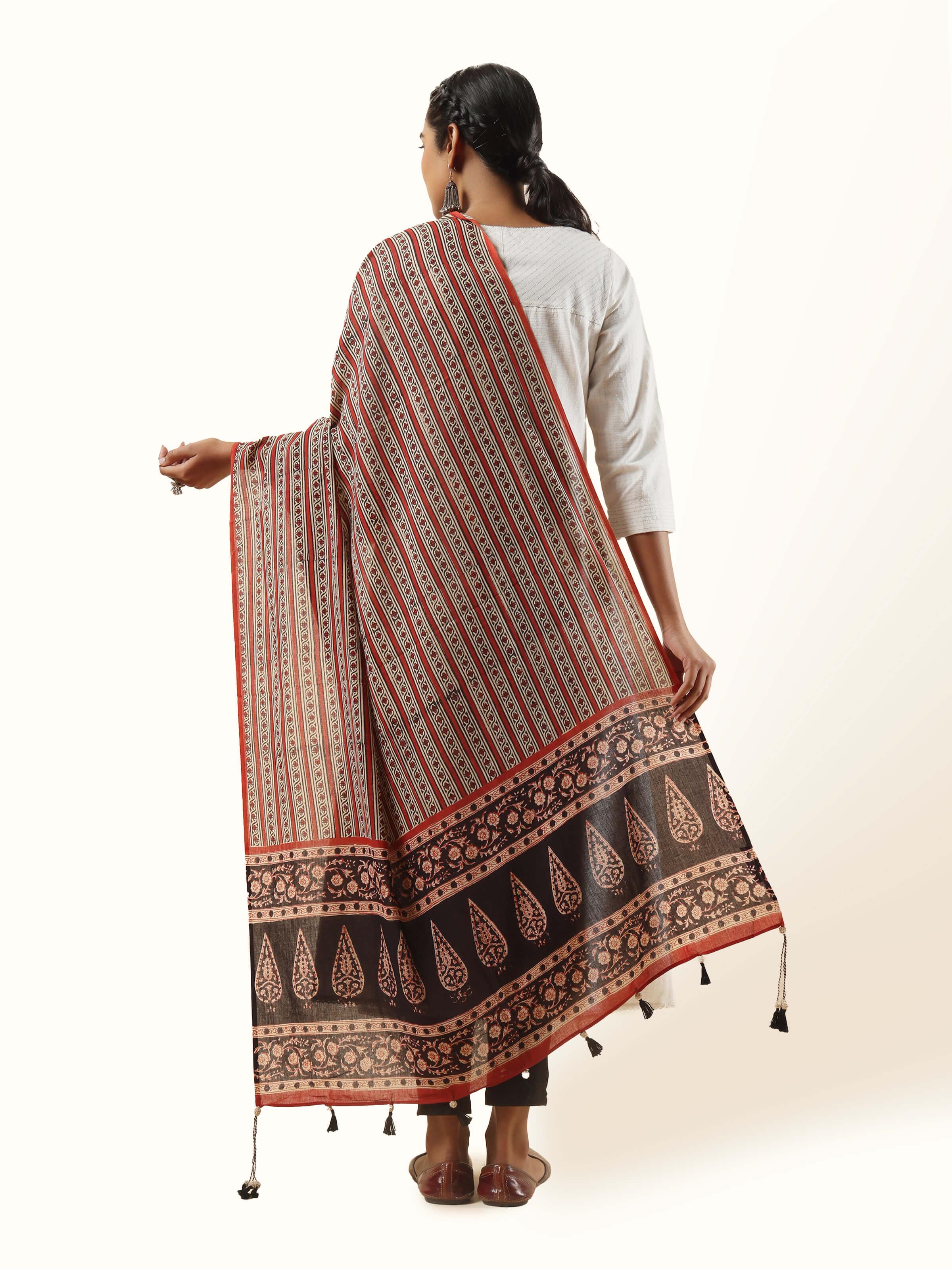 Back view of cotton Bagru dupatta highlighting handprinted design and fabric texture