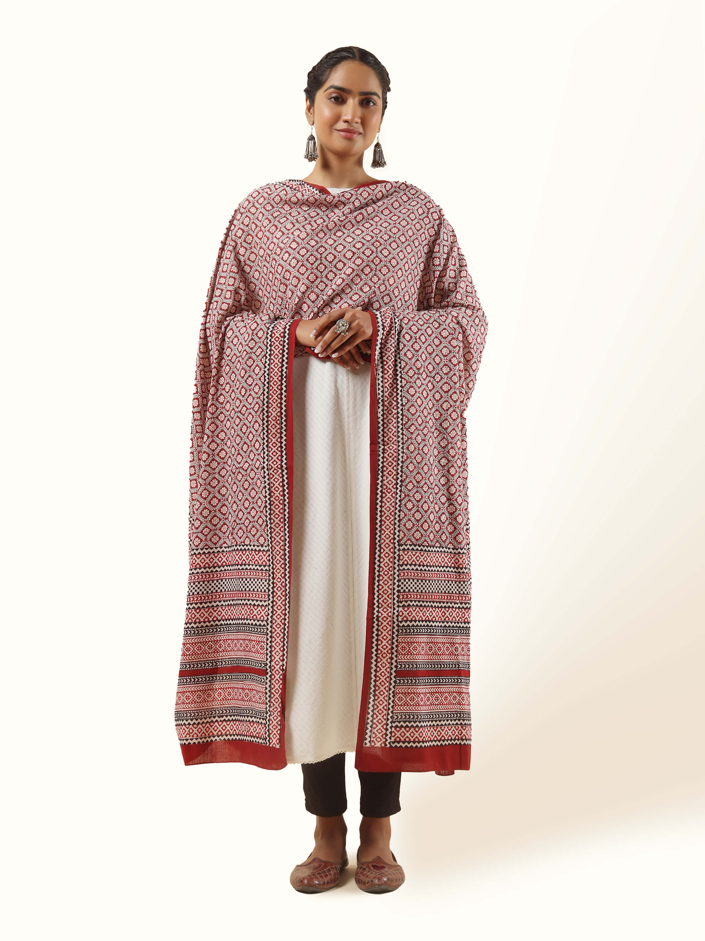 Front view of red cotton Bagh block printed dupatta featuring traditional geometric motifs