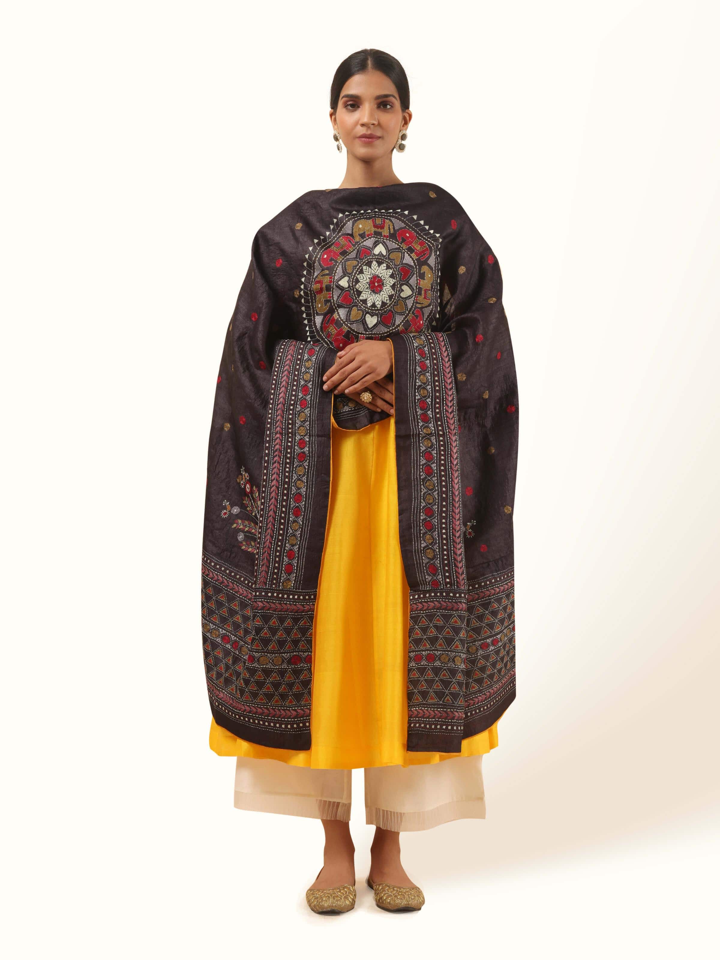Black Tussar Silk Kantha Embroidered Dupatta
