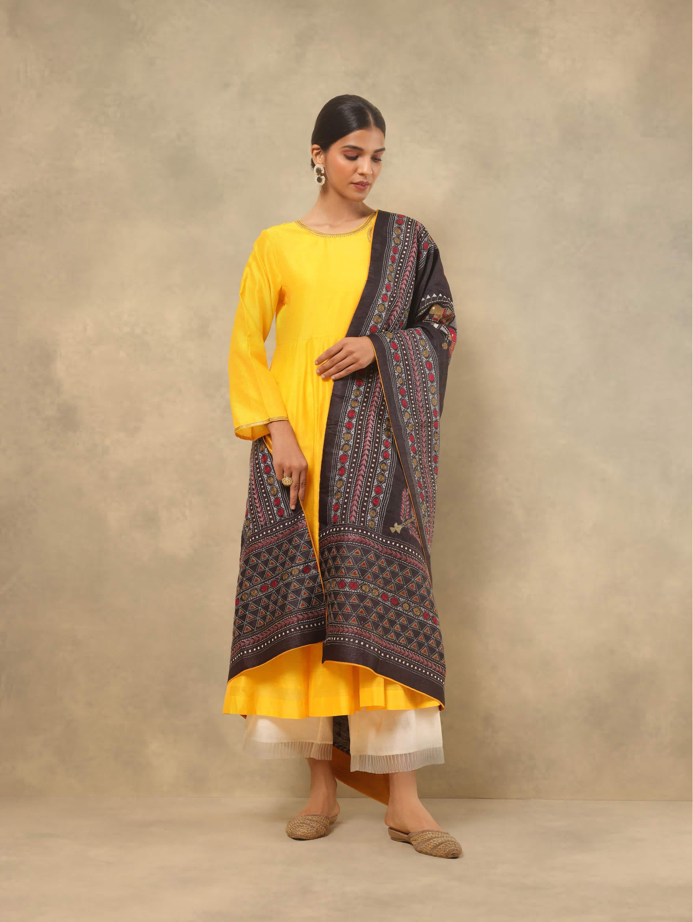 Black Tussar Silk Kantha Embroidered Dupatta