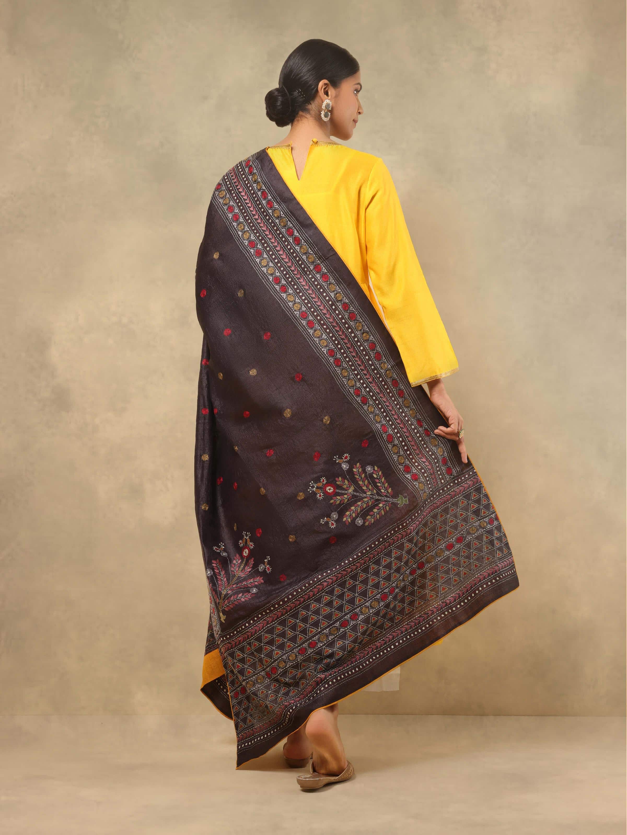 Black Tussar Silk Kantha Embroidered Dupatta