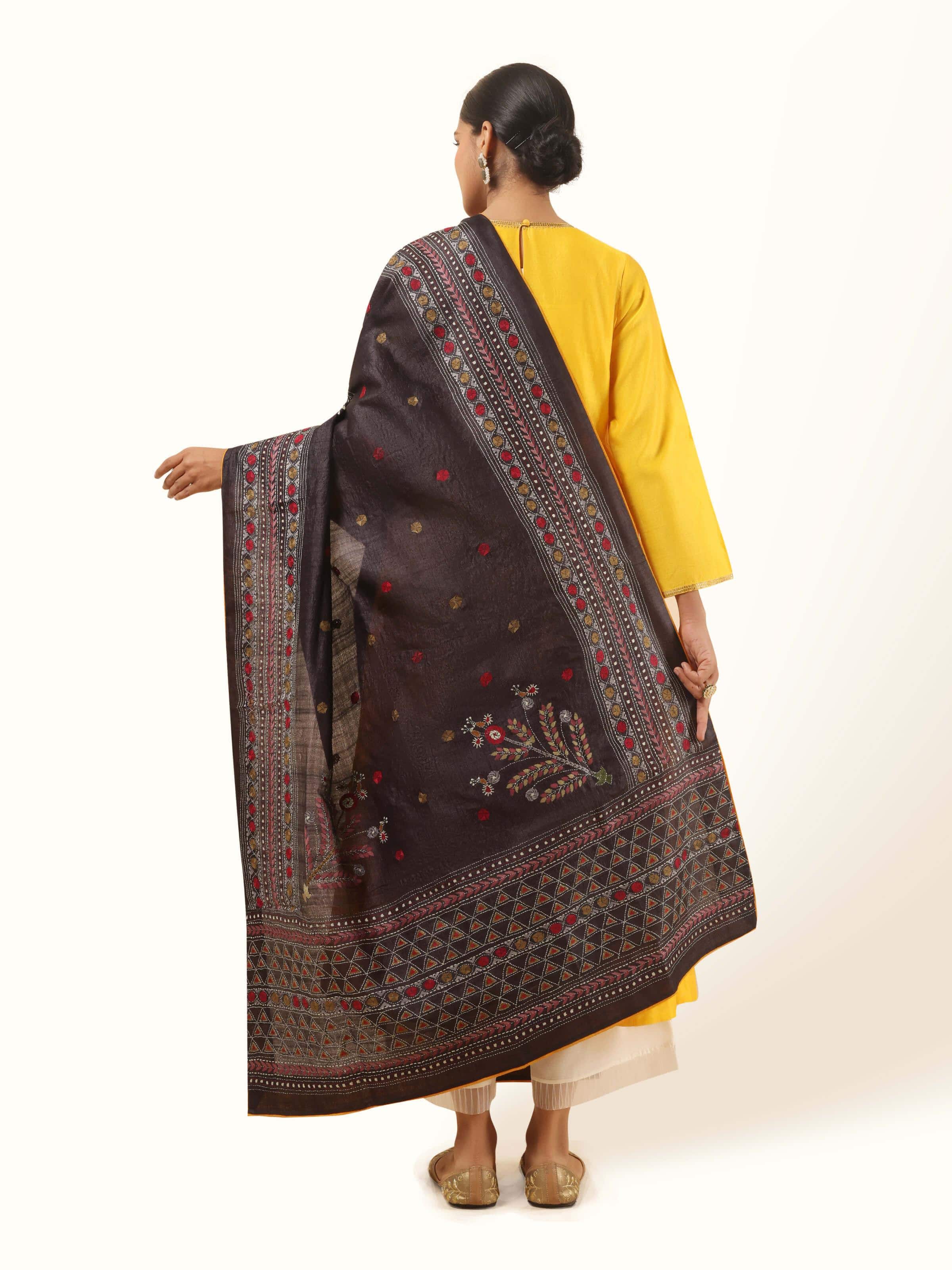 Black Tussar Silk Kantha Embroidered Dupatta