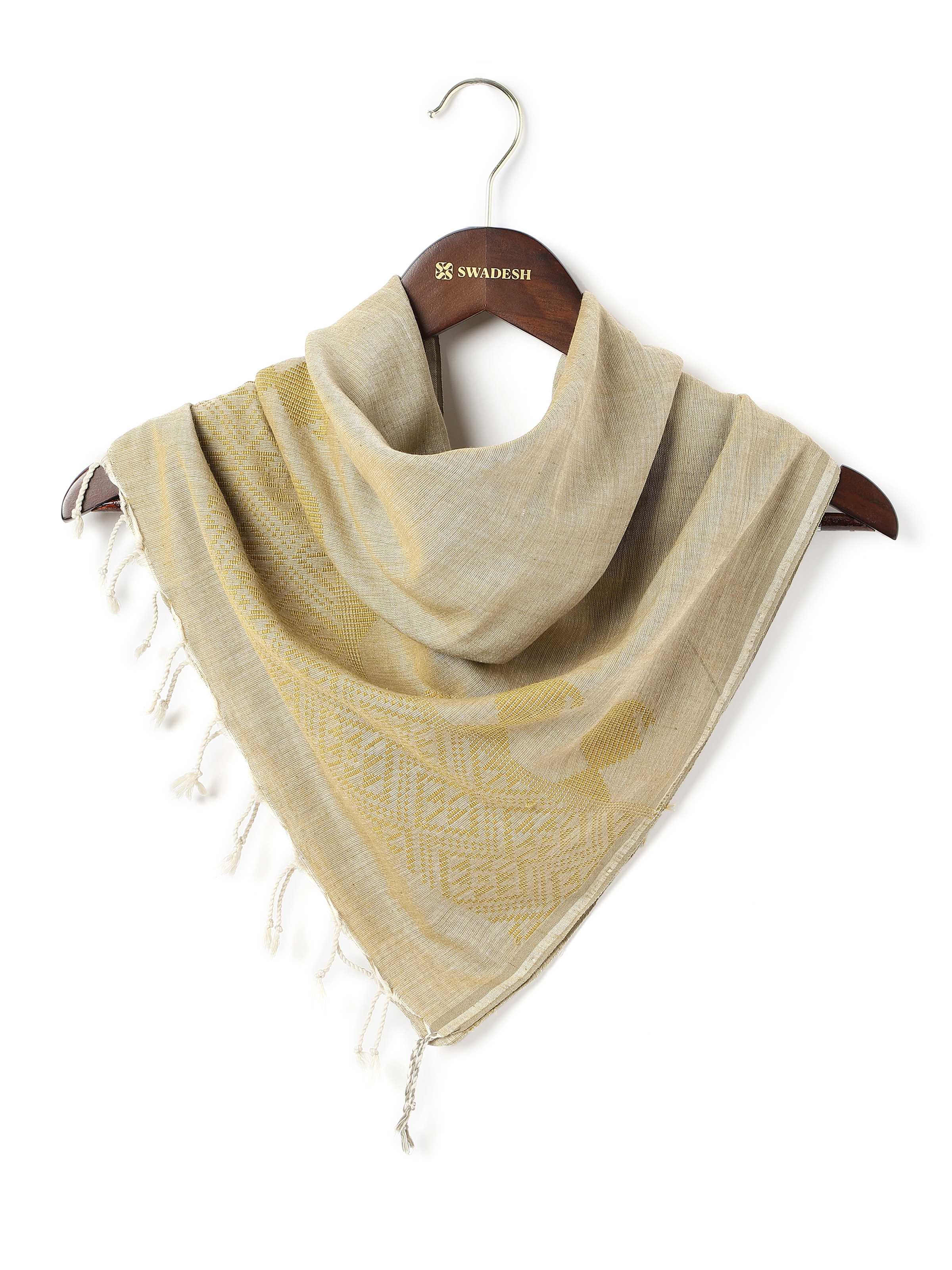 Front view of bright yellow cotton extra-weft stole with fine woven texture and subtle striped patterns.