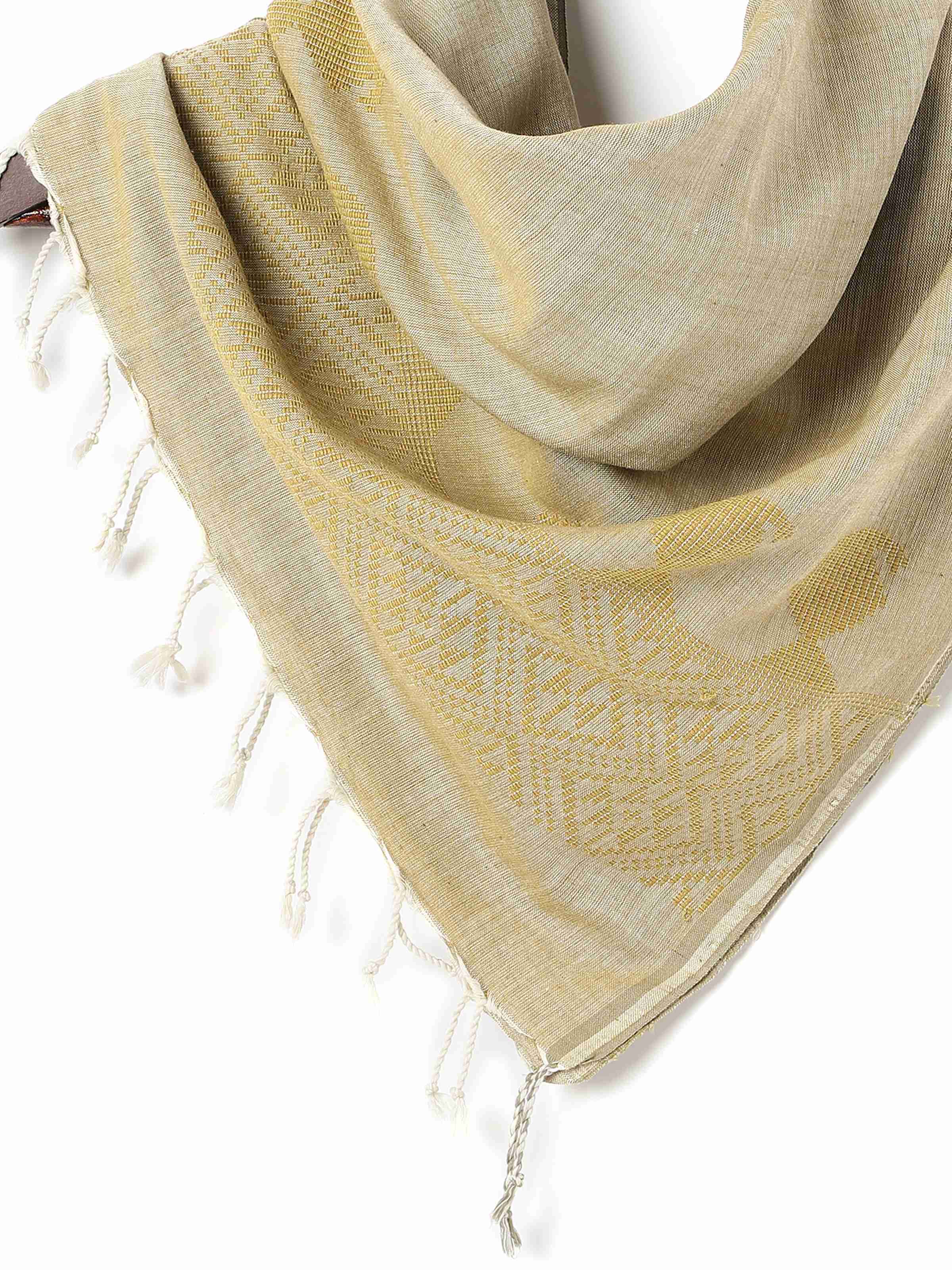 Draped yellow cotton stole highlighting its lightweight fabric and delicate weave pattern.