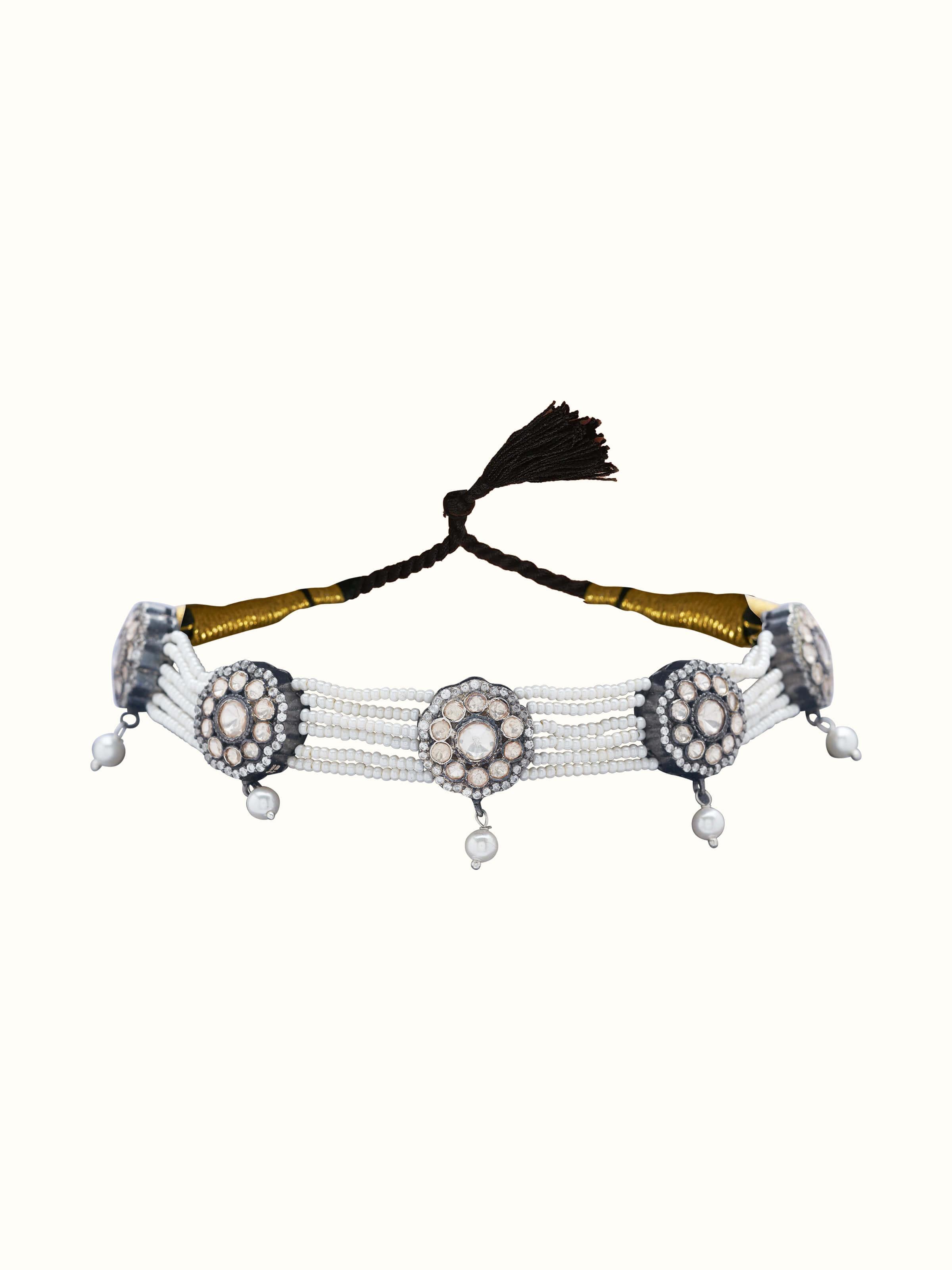 Front view of Silversmithing Choker featuring intricate silver detailing and elegant design.