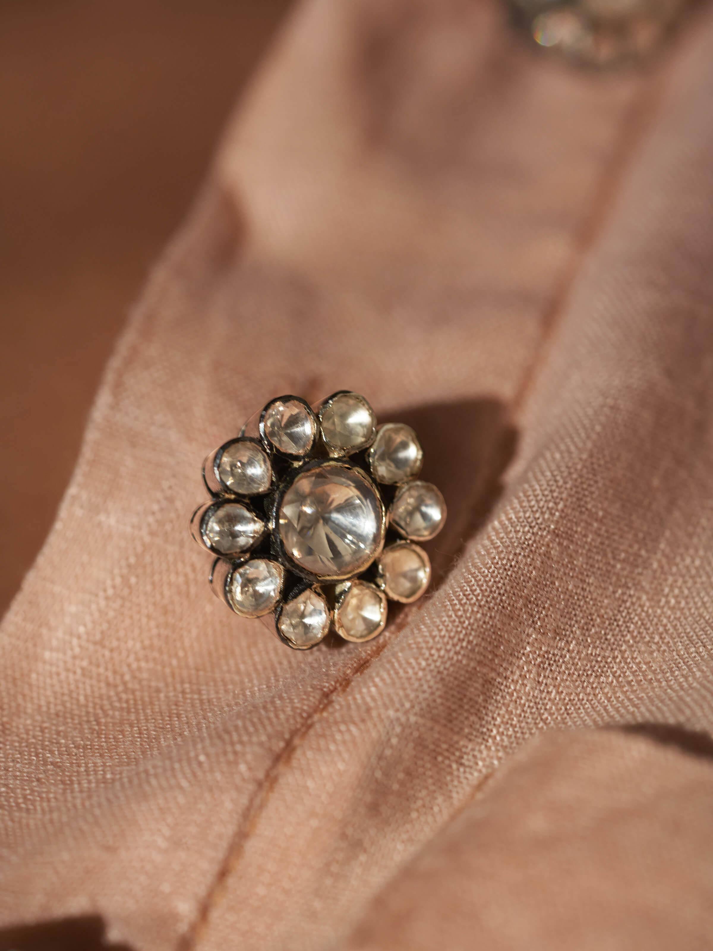 Detailed front view of Silversmithing kurta buttons with decorative metal finish