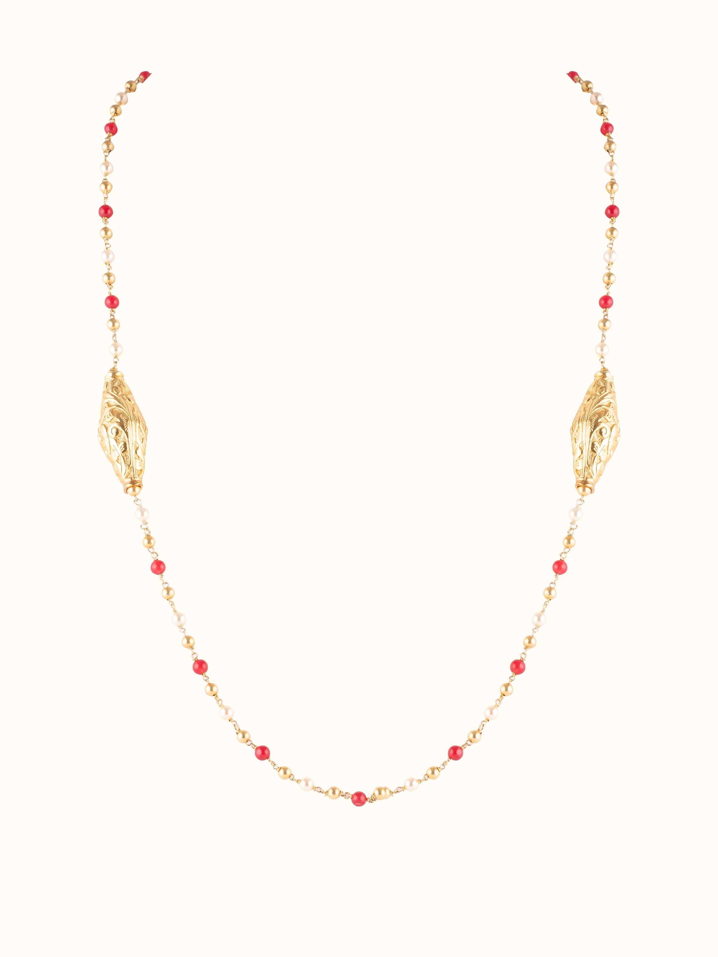 Front view of Chitai silver long necklace featuring intricate patterns and high-quality silver.