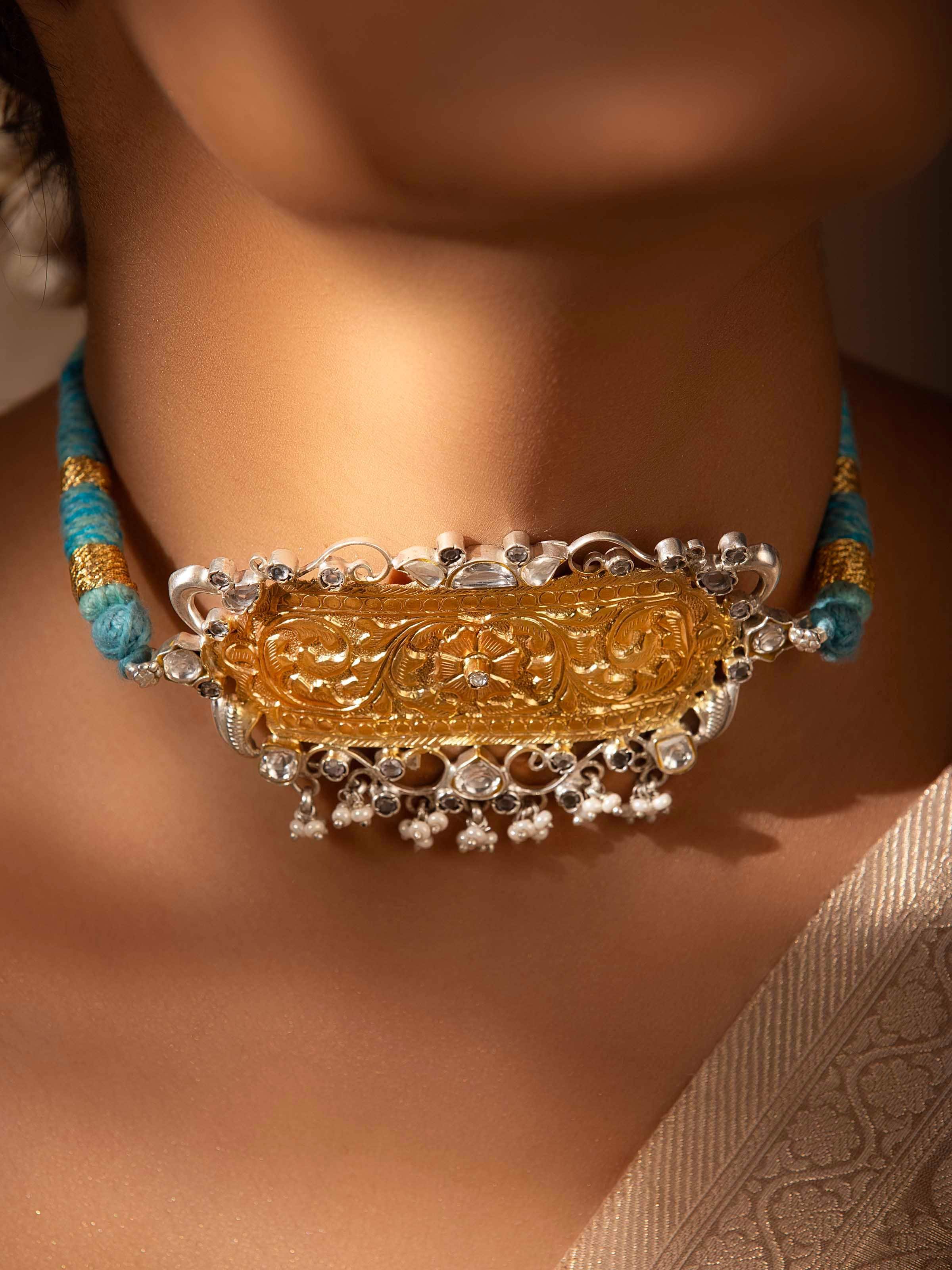 Close-up view of Chitai silver choker emphasizing its traditional craftsmanship and intricate design