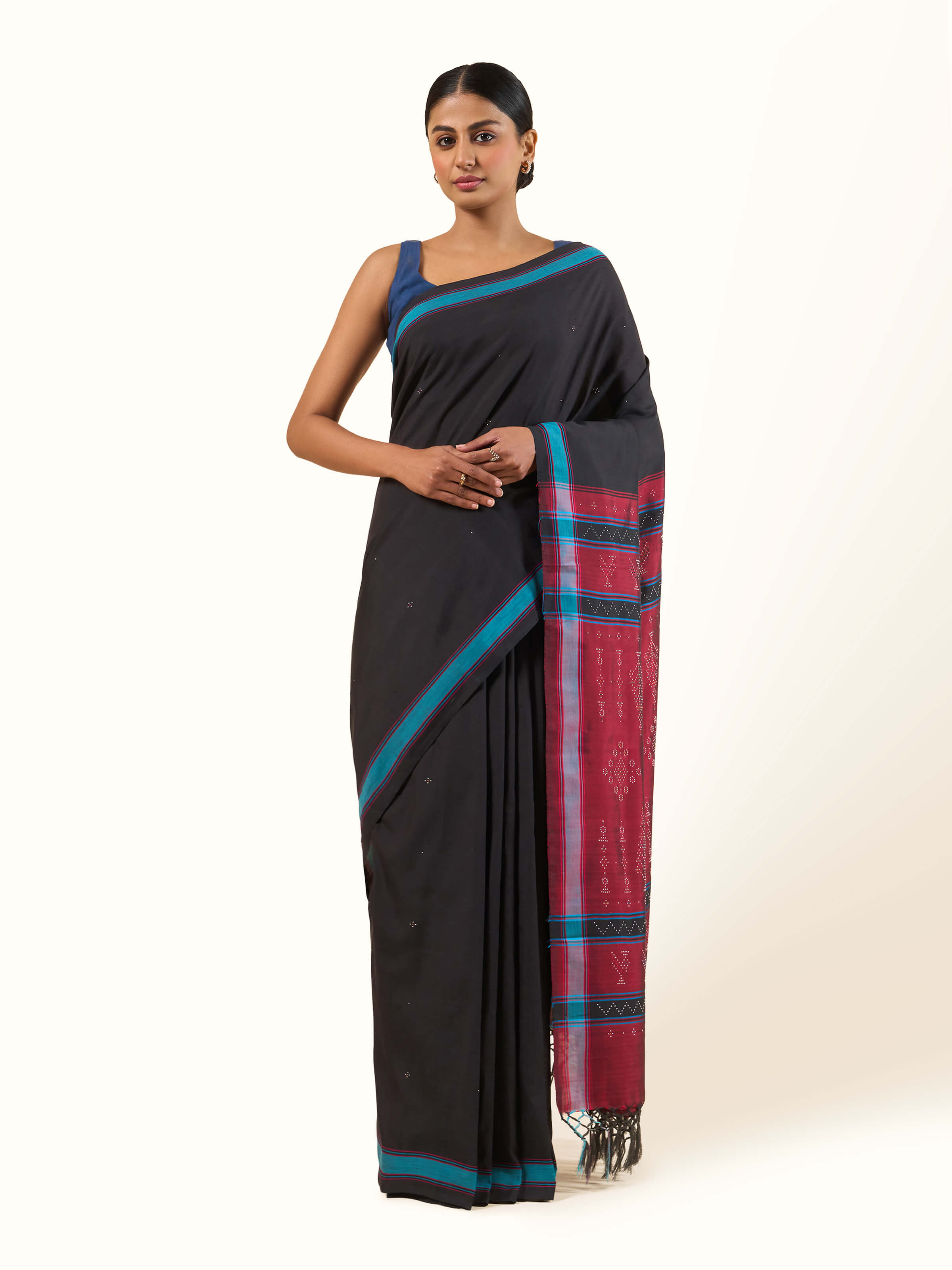 Black Cotton Silk Tangalia Saree