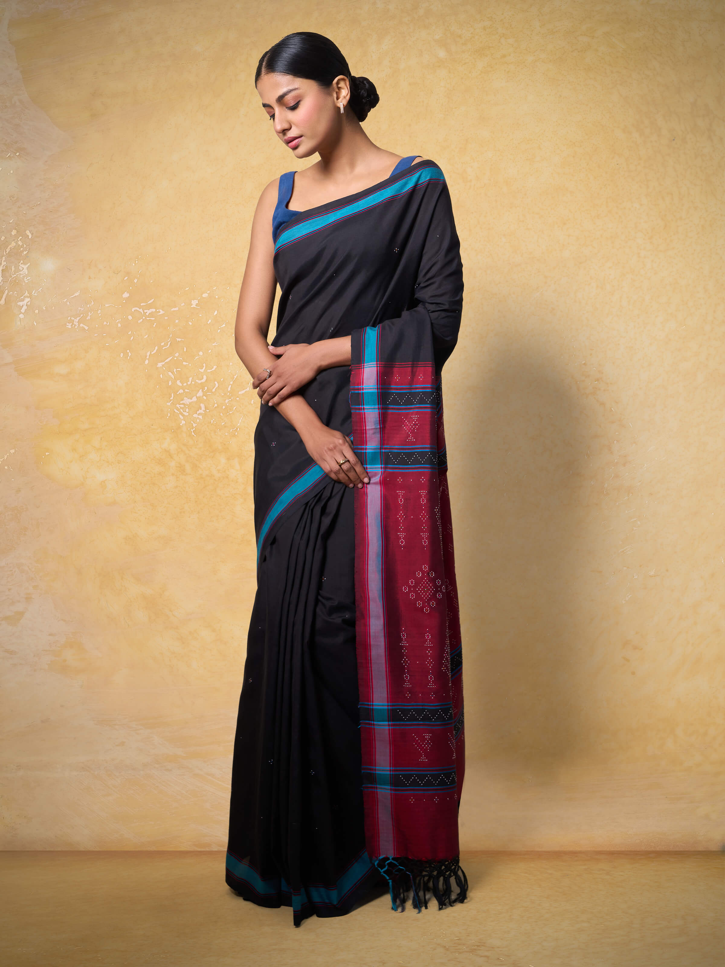 Black Cotton Silk Tangalia Saree