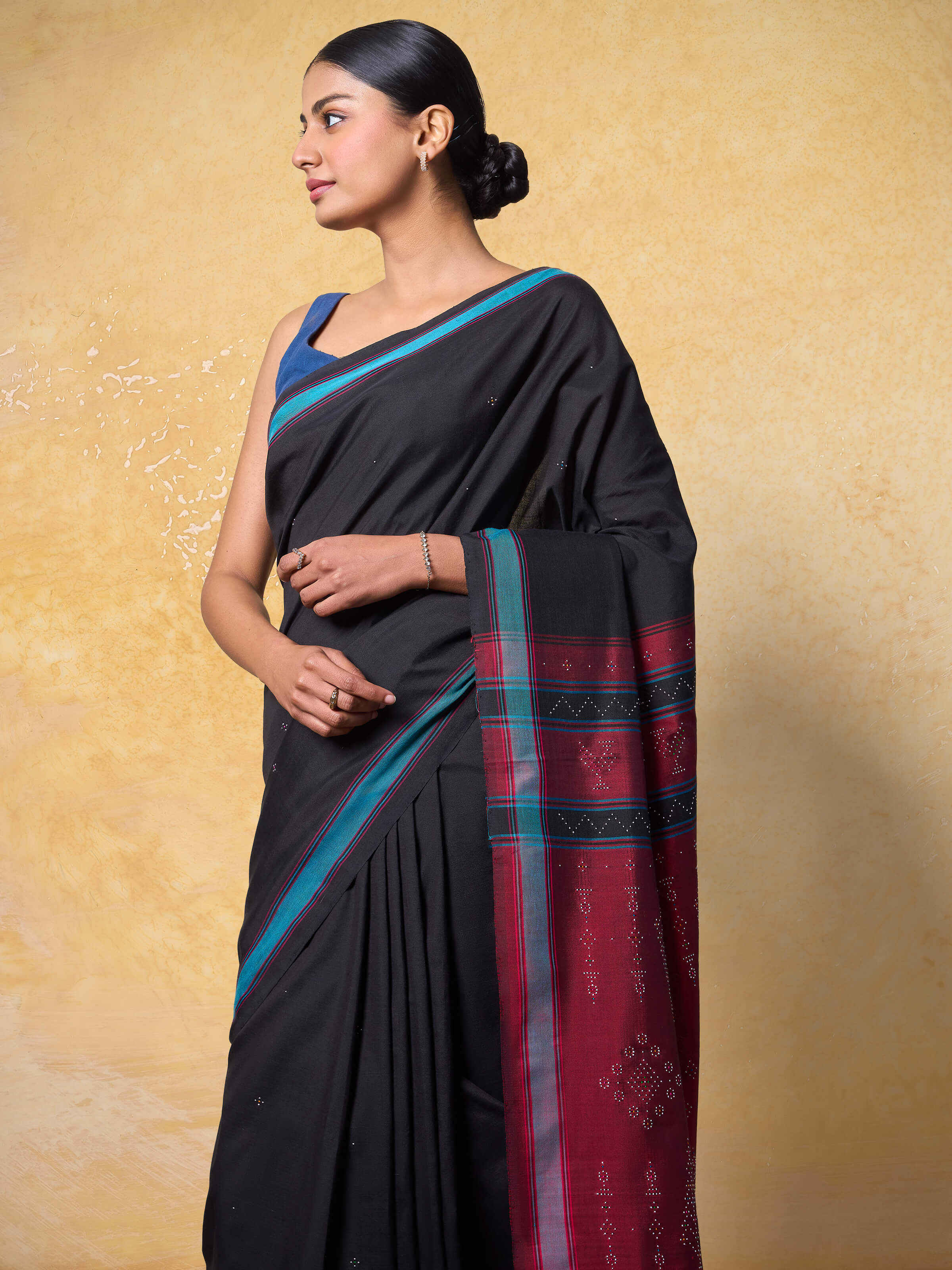 Black Cotton Silk Tangalia Saree