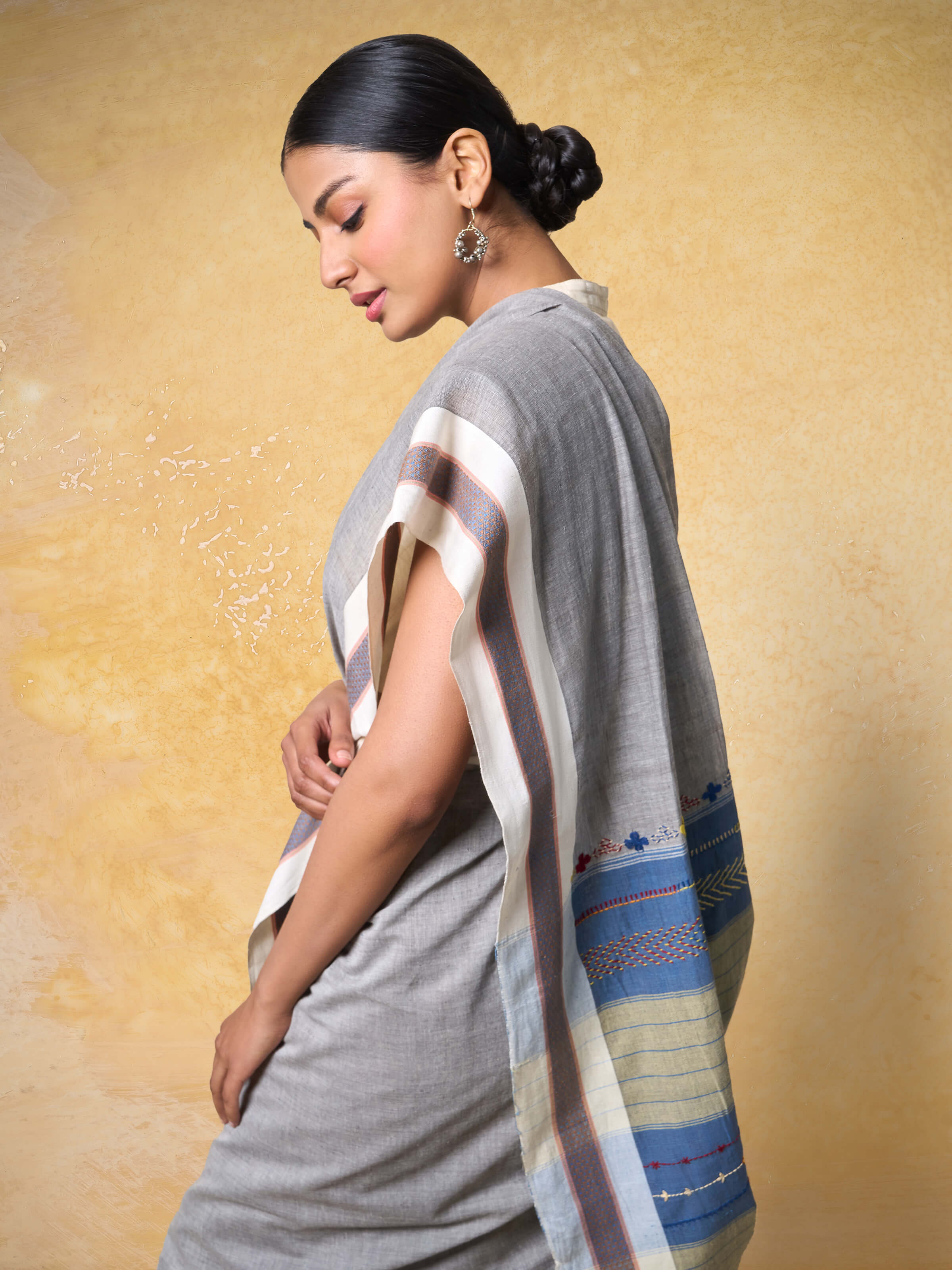 Grey Natural Dyed Cotton Lambani Embroidered Saree