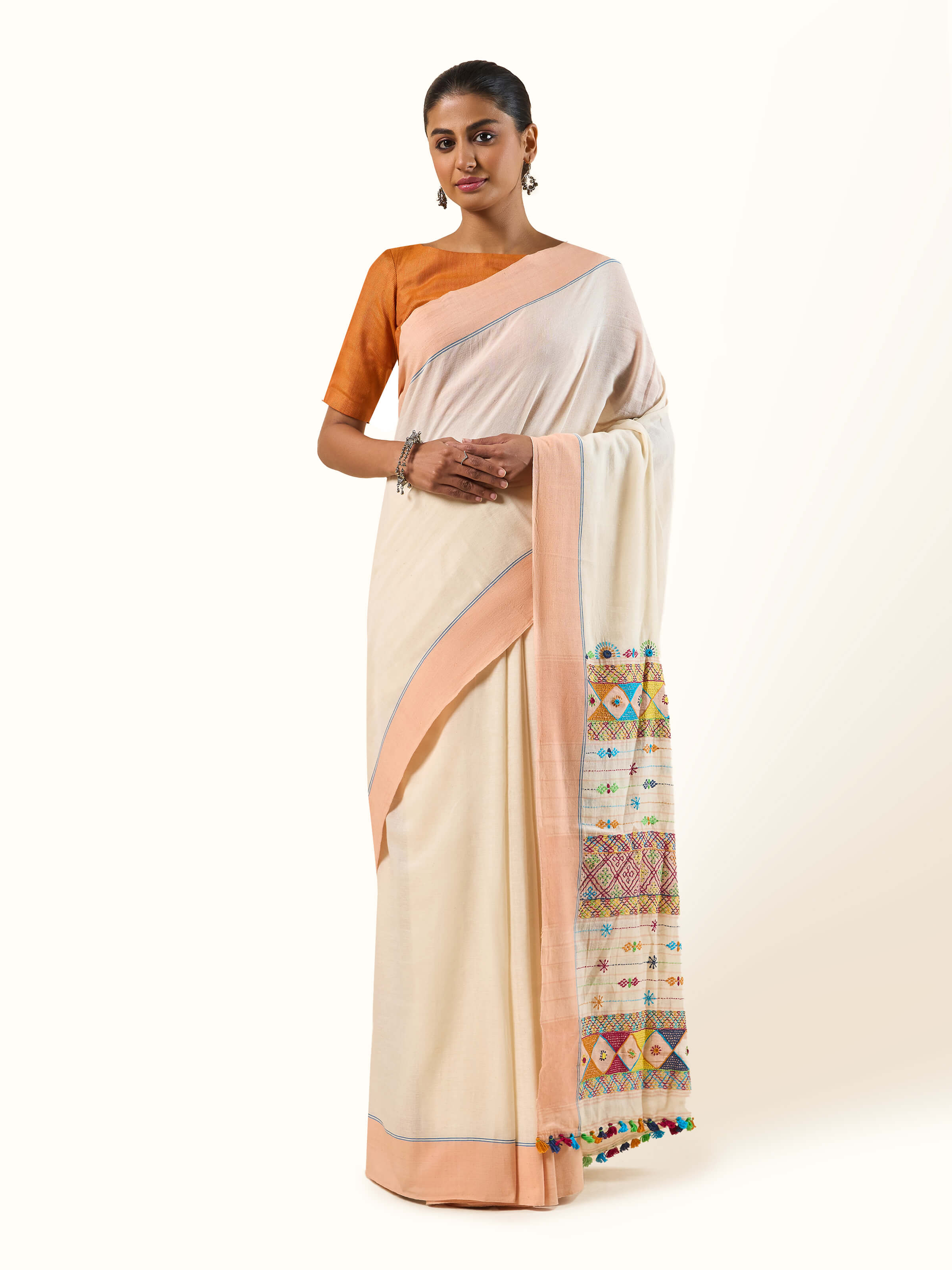 Peach Natural Dyed Cotton Lambani Embroidered Saree