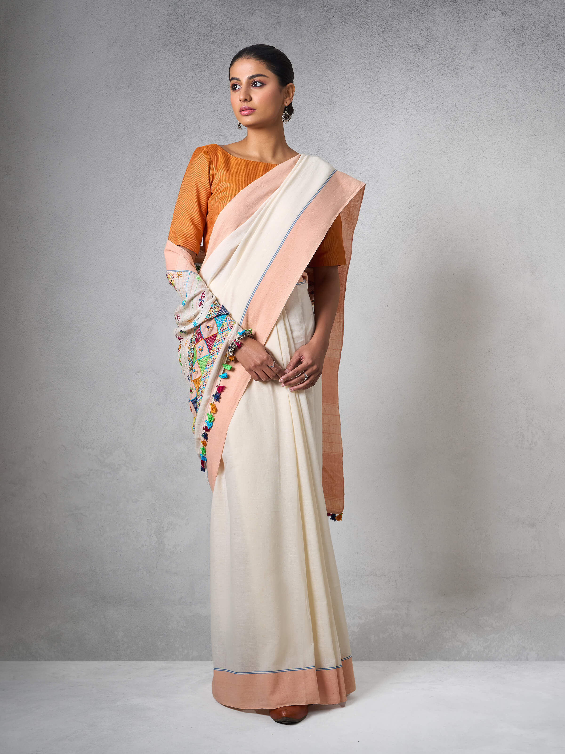 Peach Natural Dyed Cotton Lambani Embroidered Saree