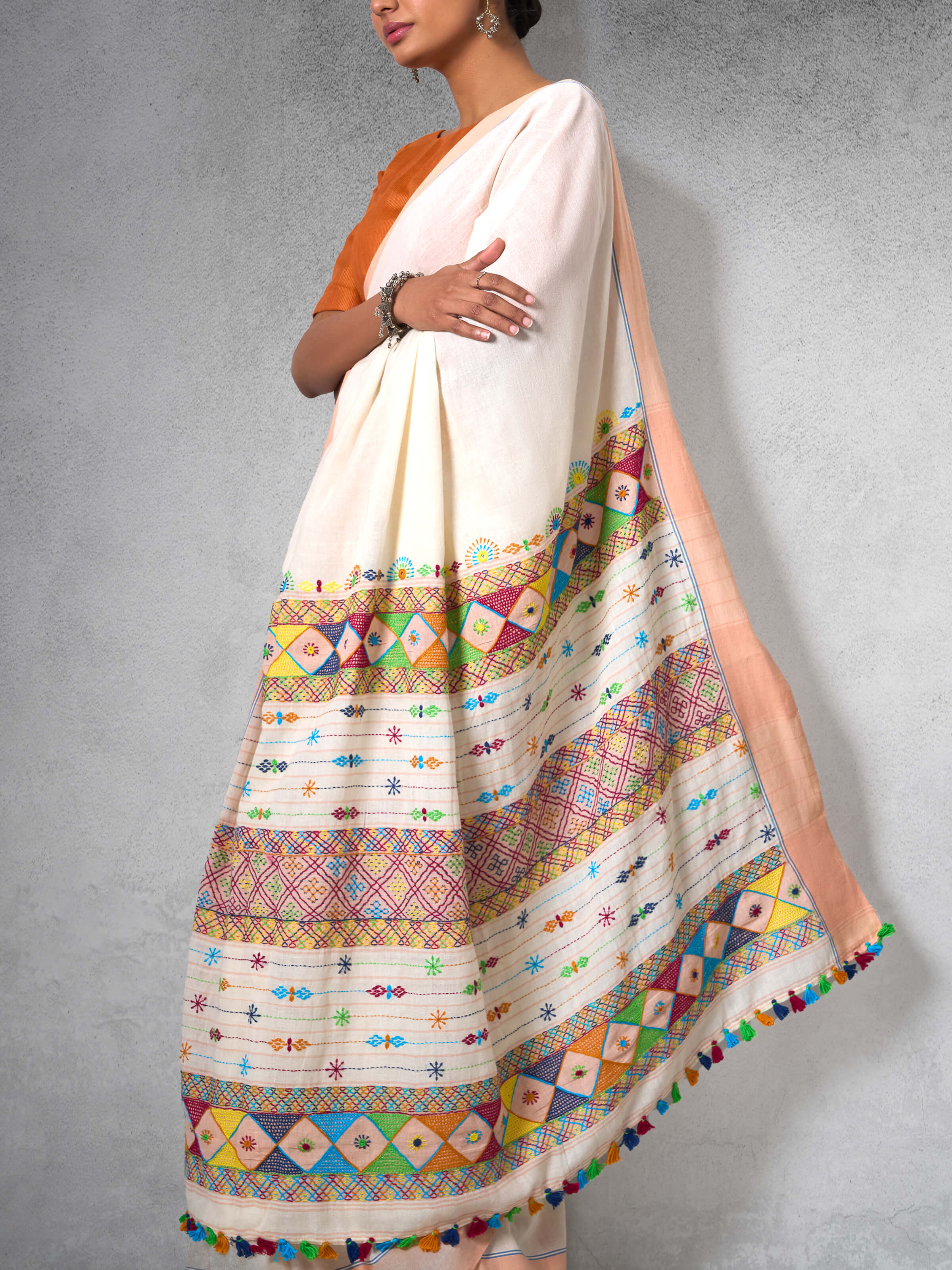 Peach Natural Dyed Cotton Lambani Embroidered Saree