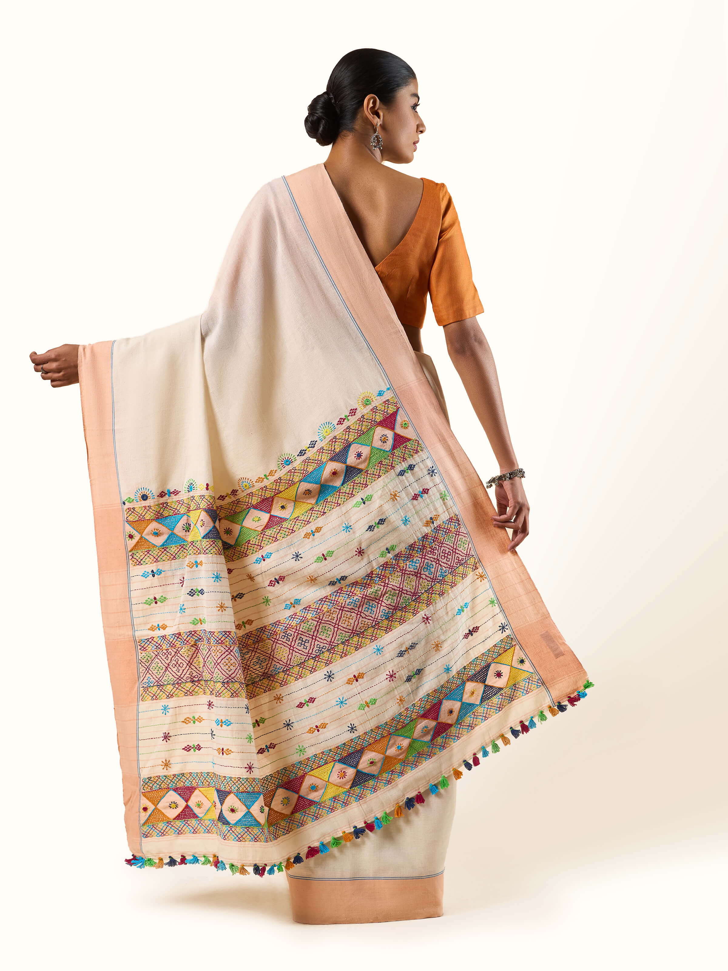 Peach Natural Dyed Cotton Lambani Embroidered Saree