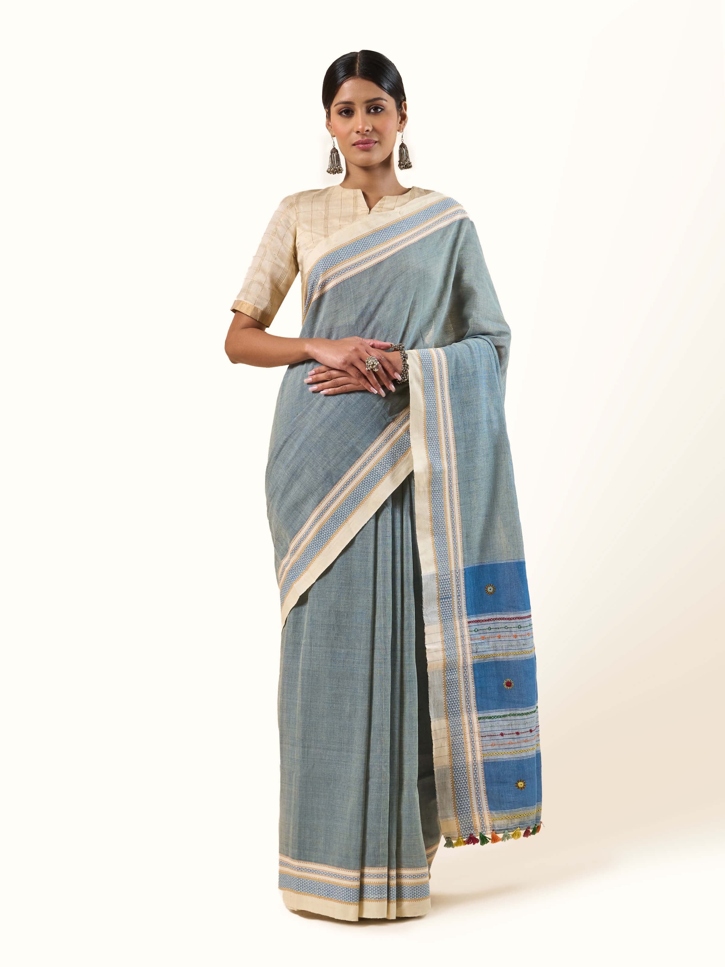 Blue Natural Dyed Cotton Lambani Embroidered Saree