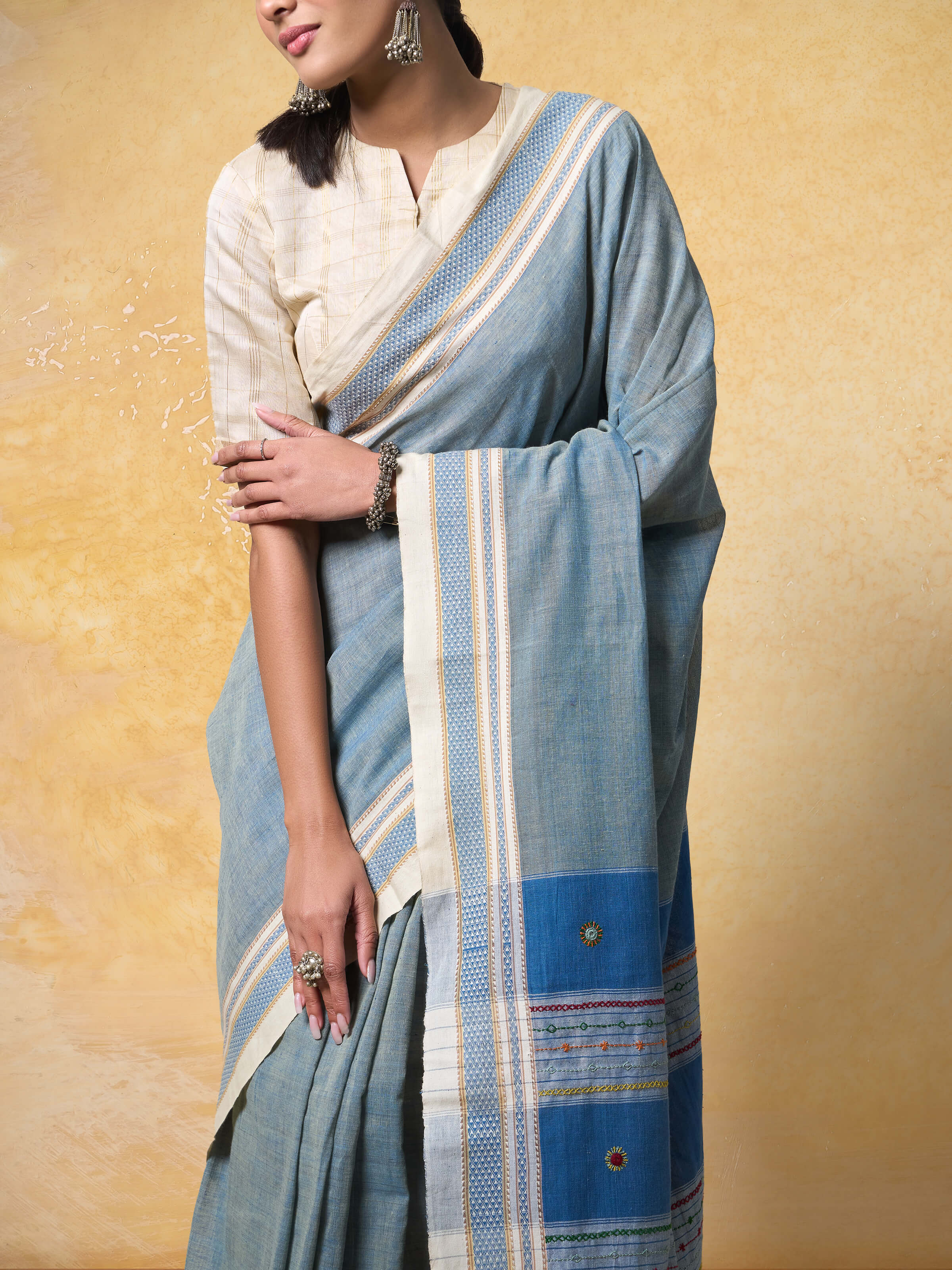 Blue Natural Dyed Cotton Lambani Embroidered Saree