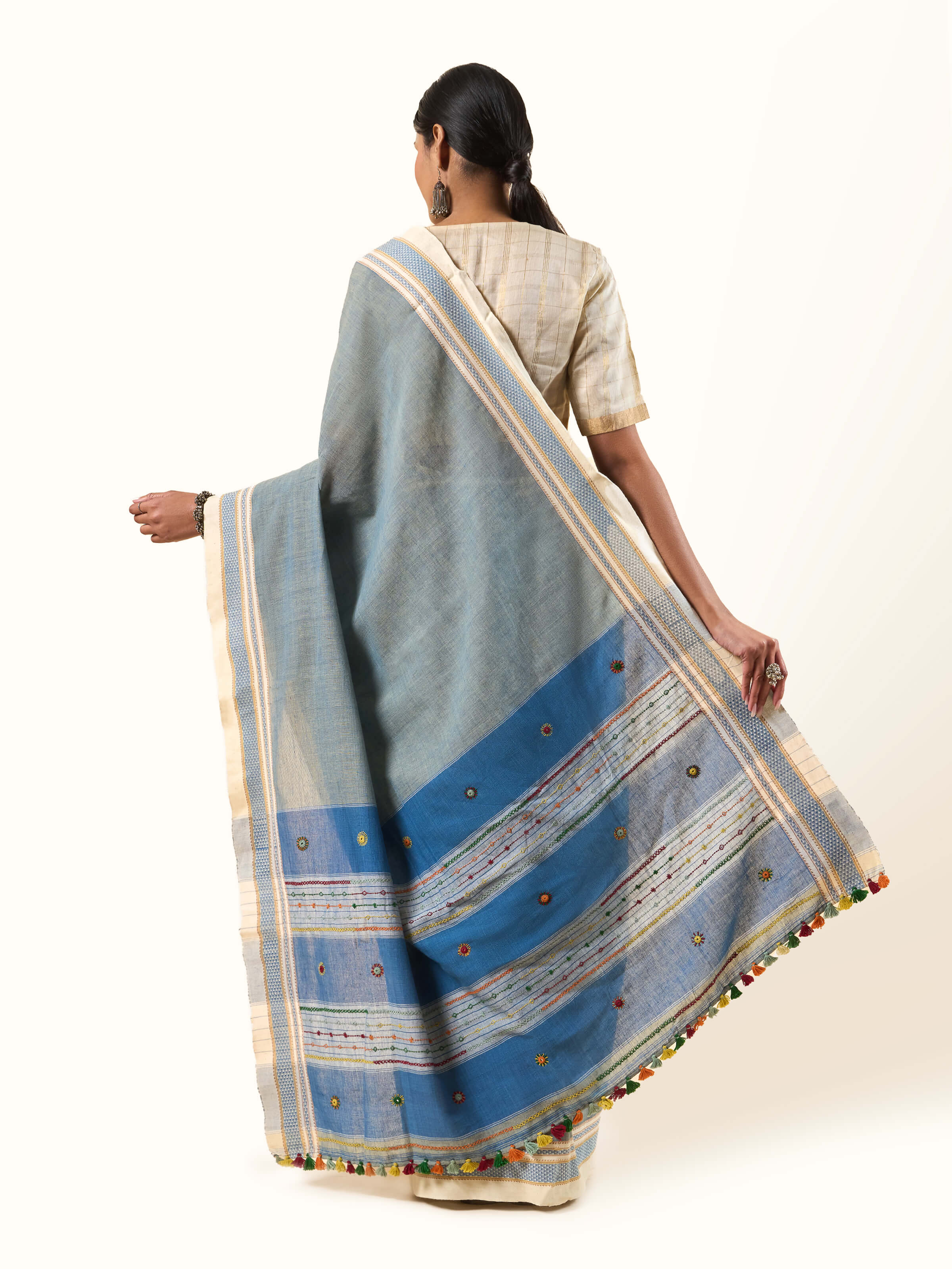 Blue Natural Dyed Cotton Lambani Embroidered Saree