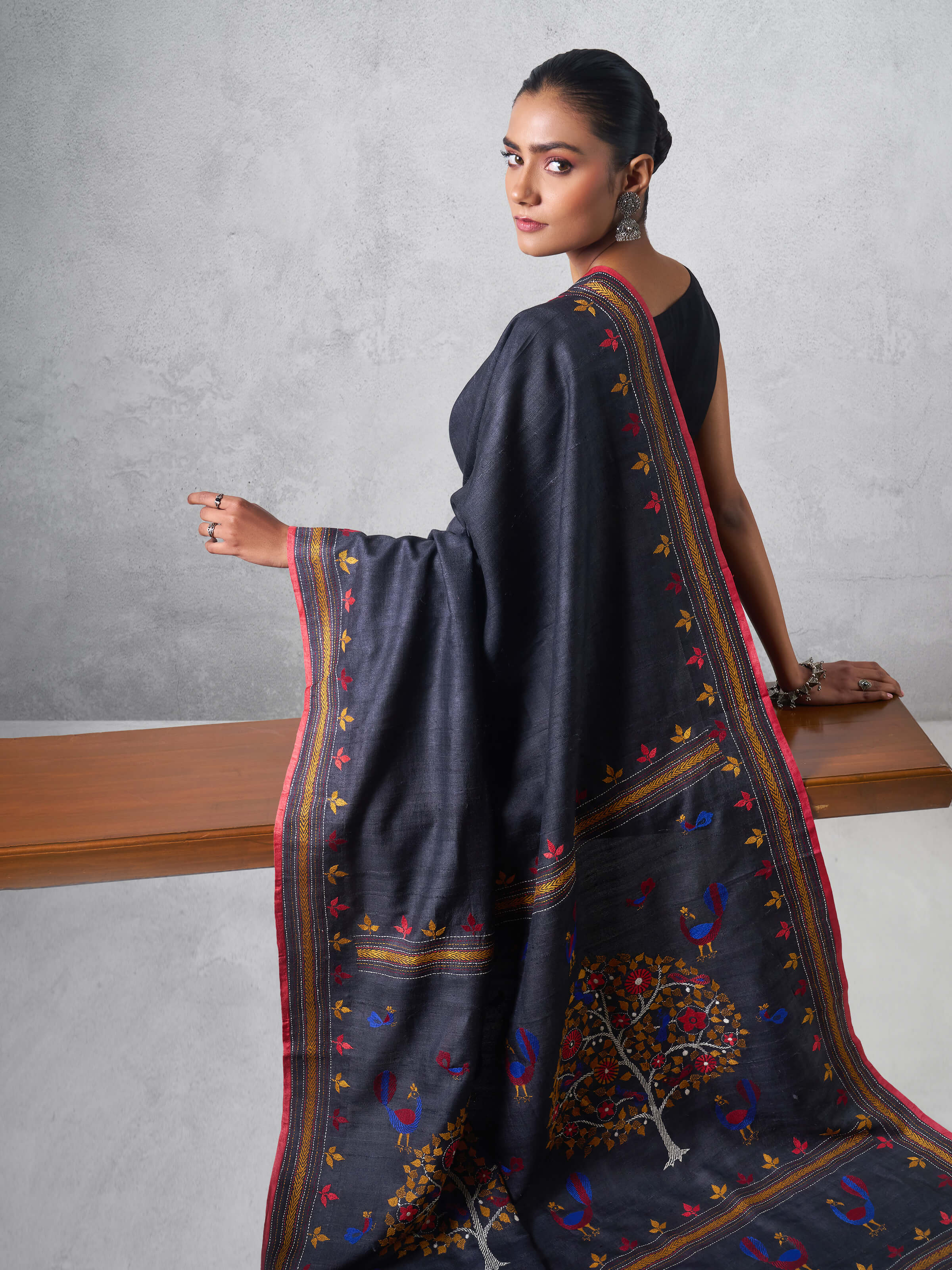 Black Tussar Silk Kantha Embroidered Saree