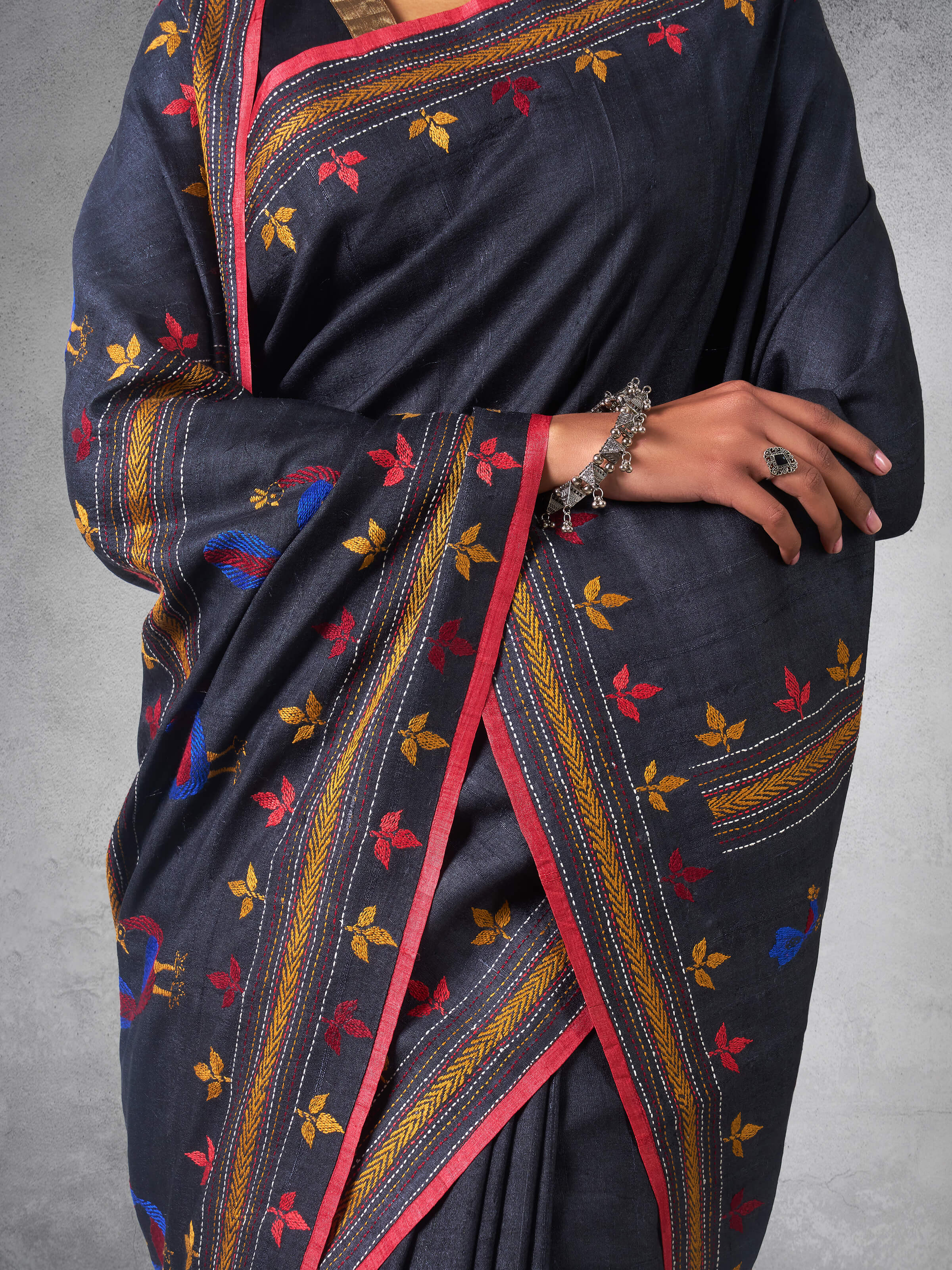 Black Tussar Silk Kantha Embroidered Saree