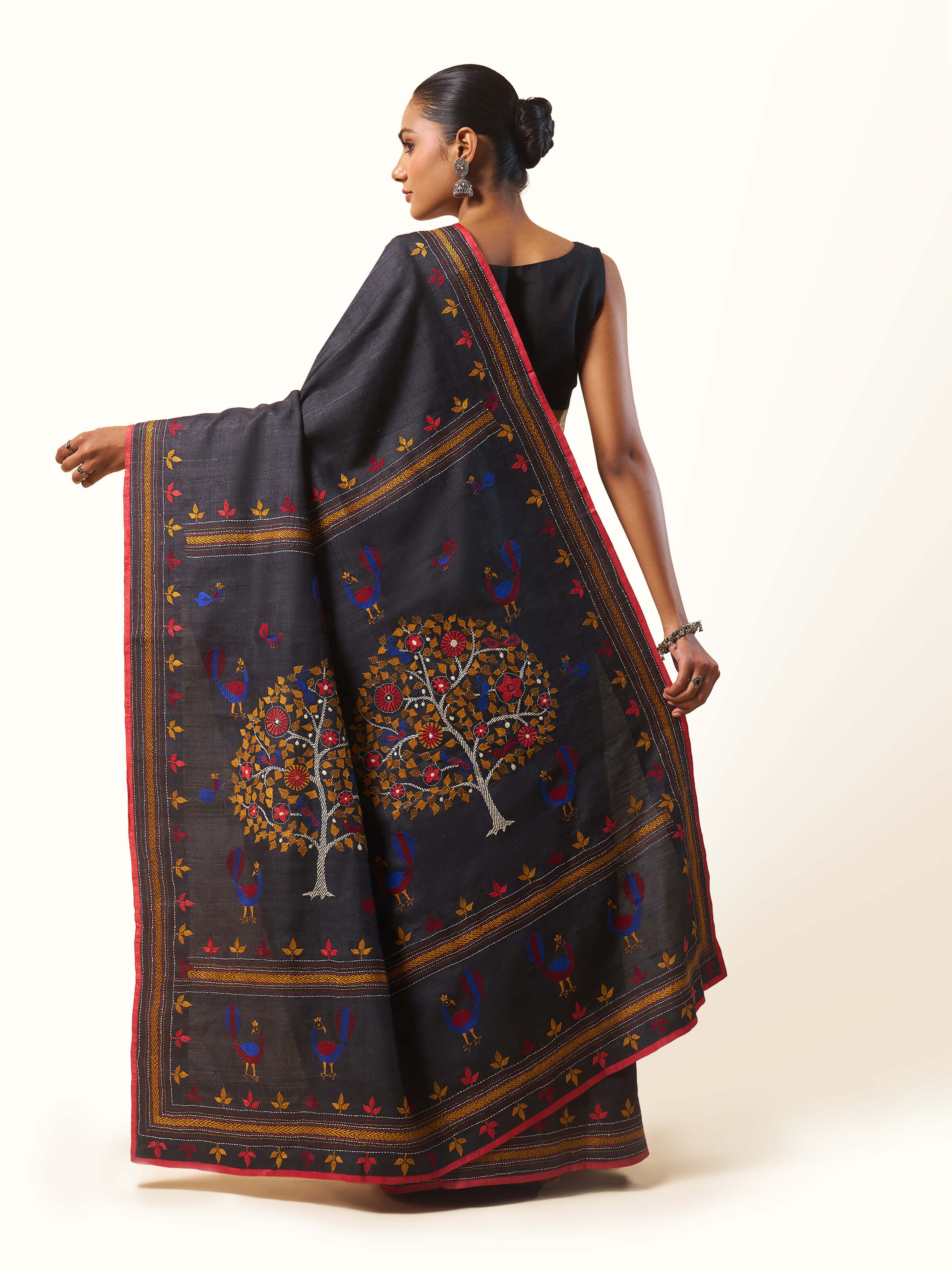 Black Tussar Silk Kantha Embroidered Saree