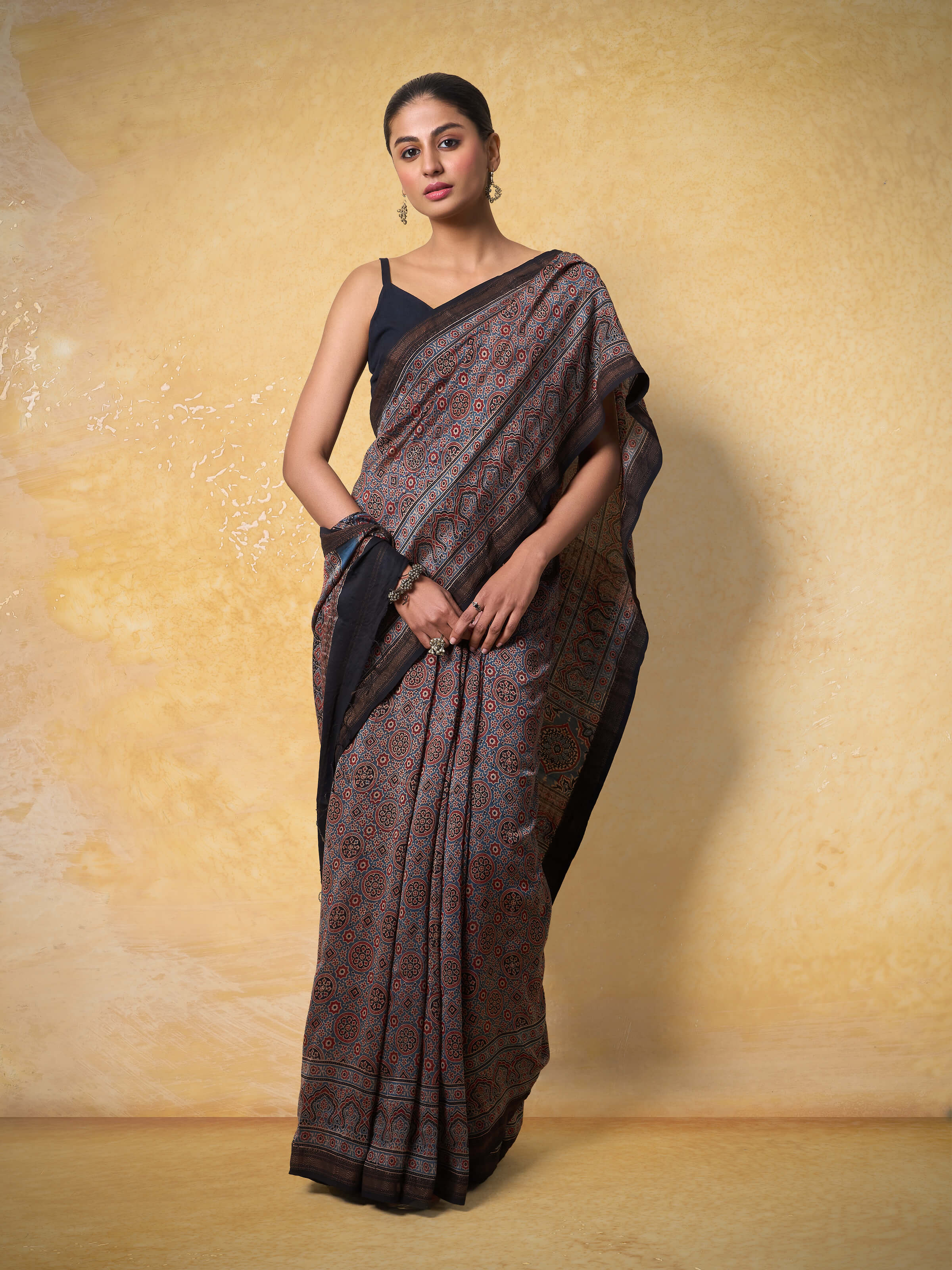 Indigo Cotton Silk Ajrakh Block Printed Saree
