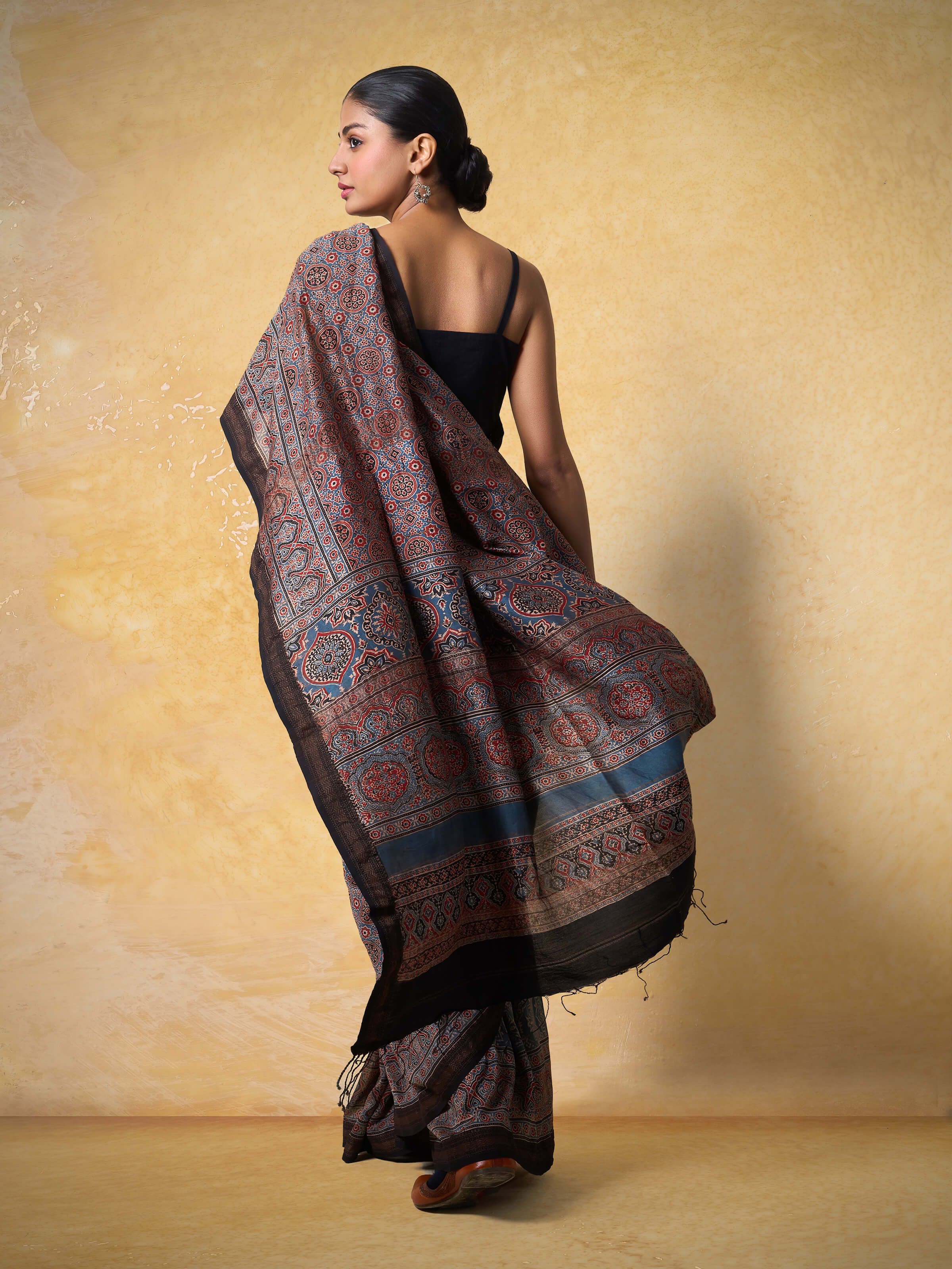 Indigo Cotton Silk Ajrakh Block Printed Saree
