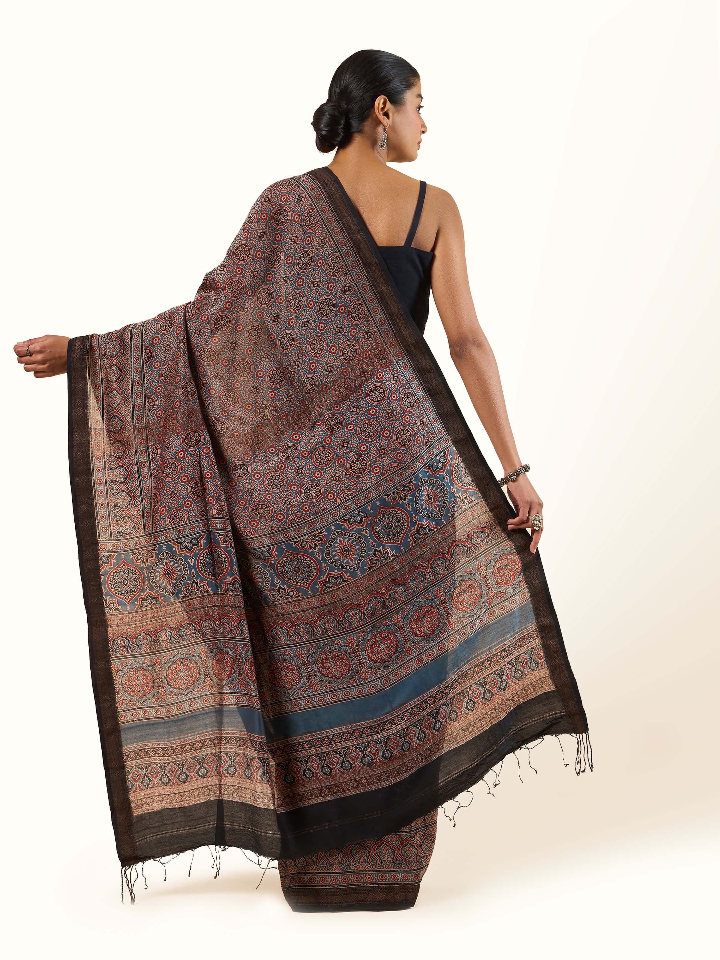 Indigo Cotton Silk Ajrakh Block Printed Saree
