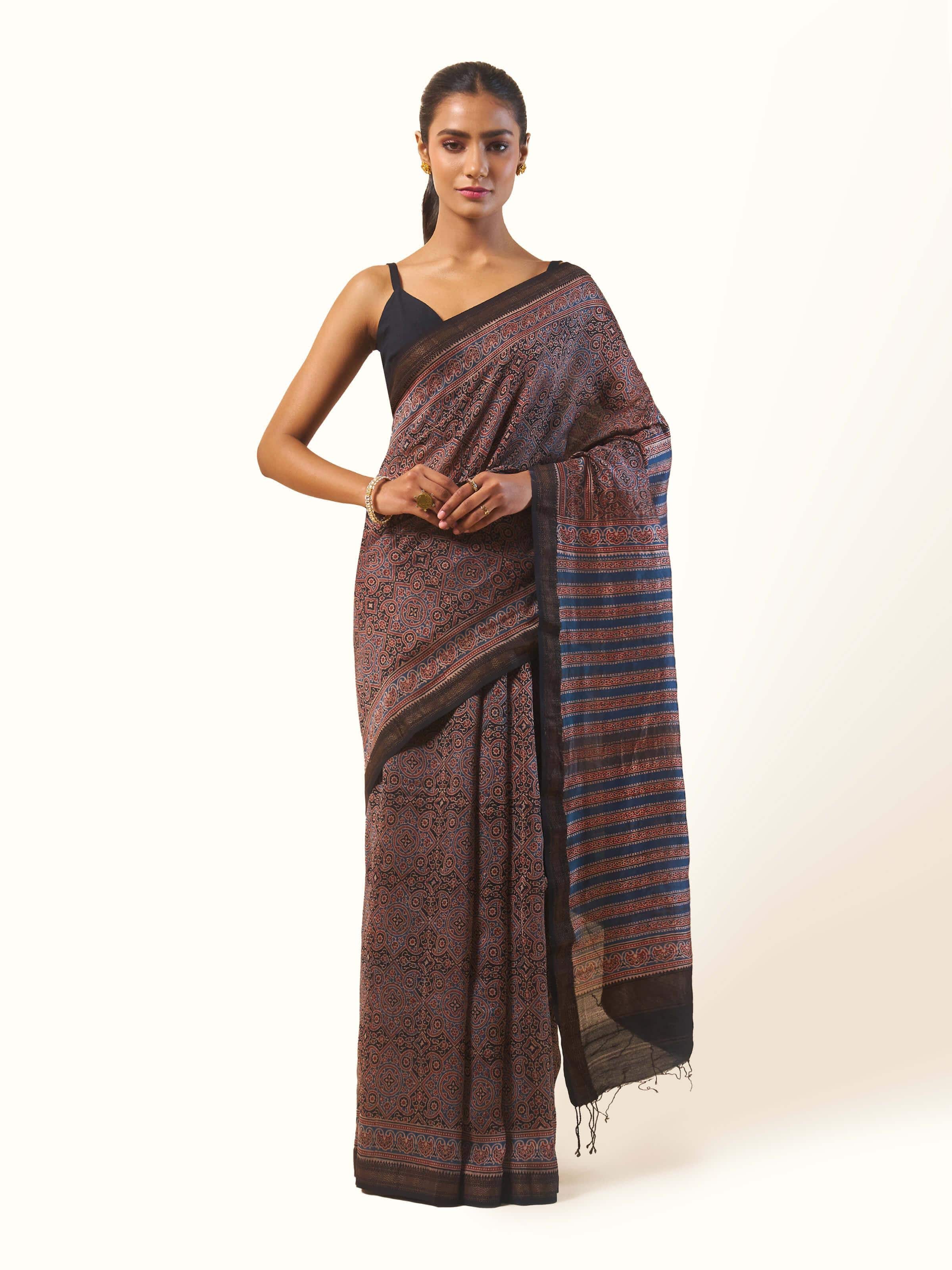Front view of Cotton Silk Ajrakh Block Printed Saree with intricate Ajrakh patterns