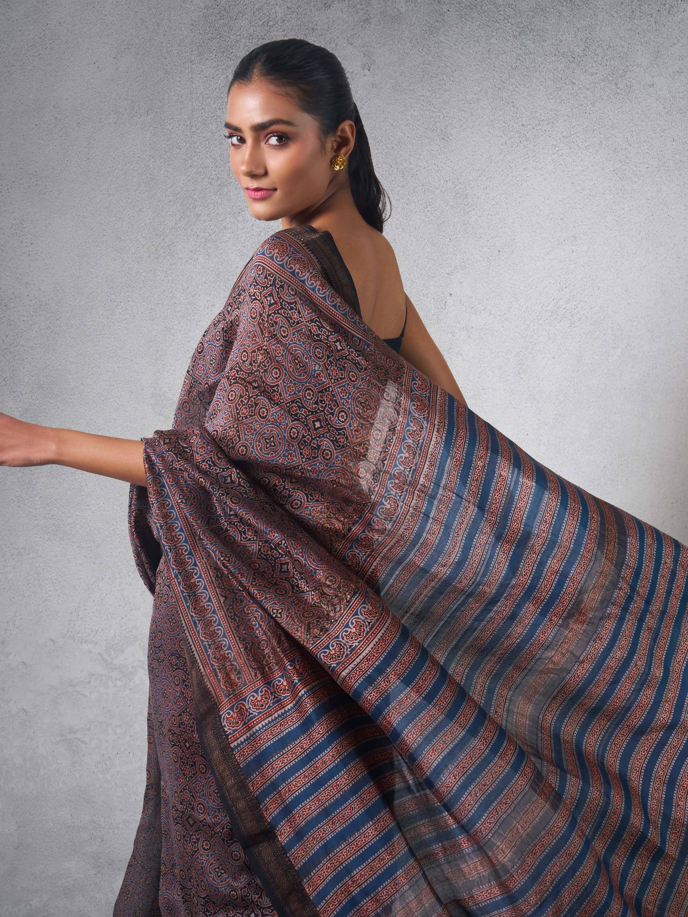 Side view showcasing the texture of Cotton Silk Ajrakh Block Printed Saree