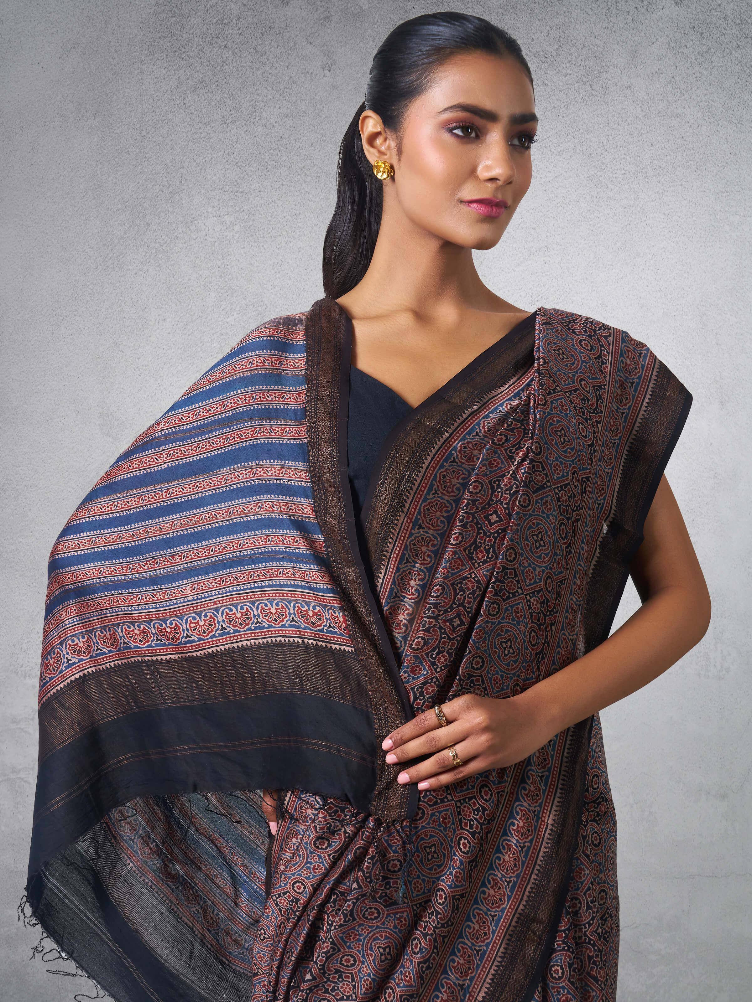 Back view highlighting the design elements of Cotton Silk Ajrakh Block Printed Saree