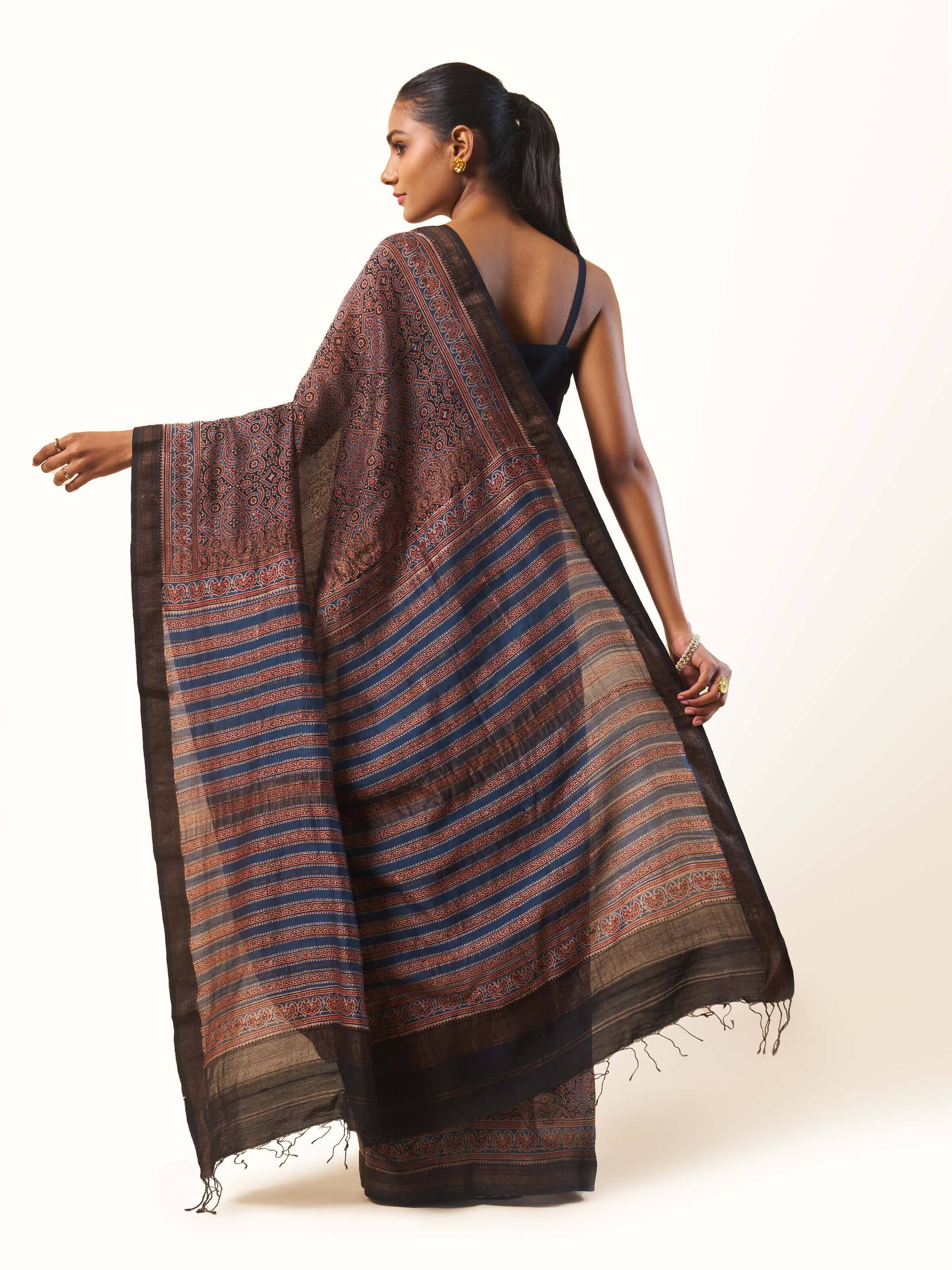 Detailed shot of border and pallu on Cotton Silk Ajrakh Block Printed Saree