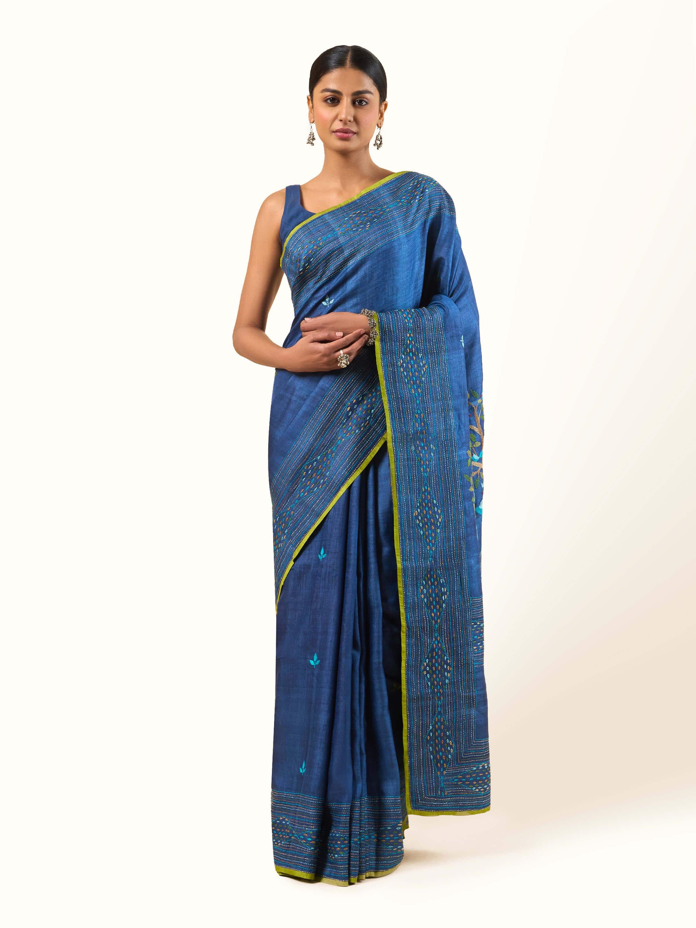 Front view of Silk Kantha Embroidered Saree showcasing intricate Kantha embroidery