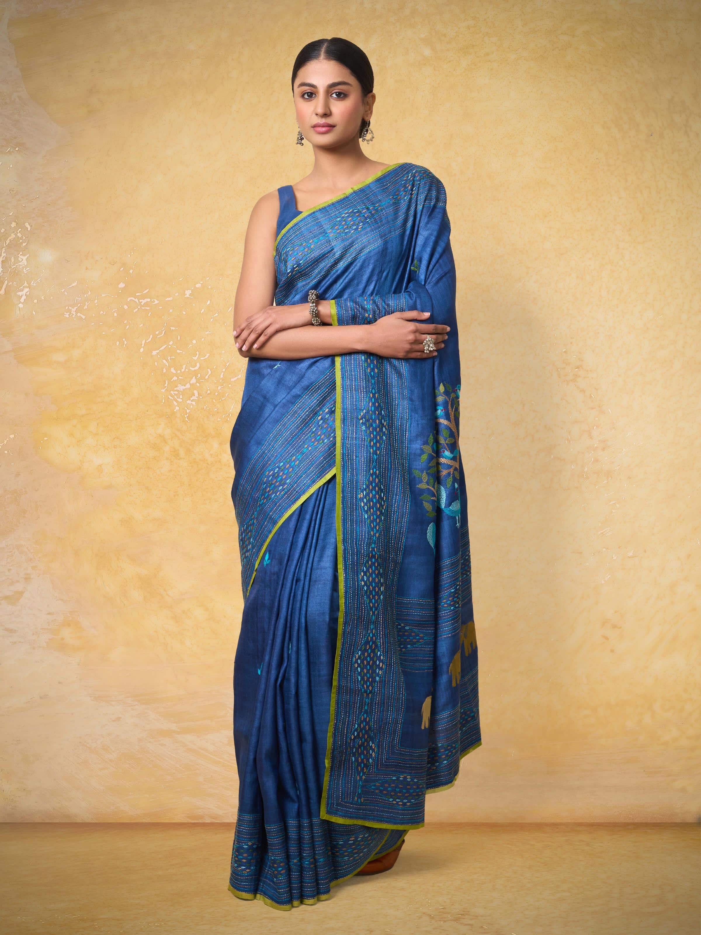 Side view of Silk Kantha Embroidered Saree highlighting its elegant drape