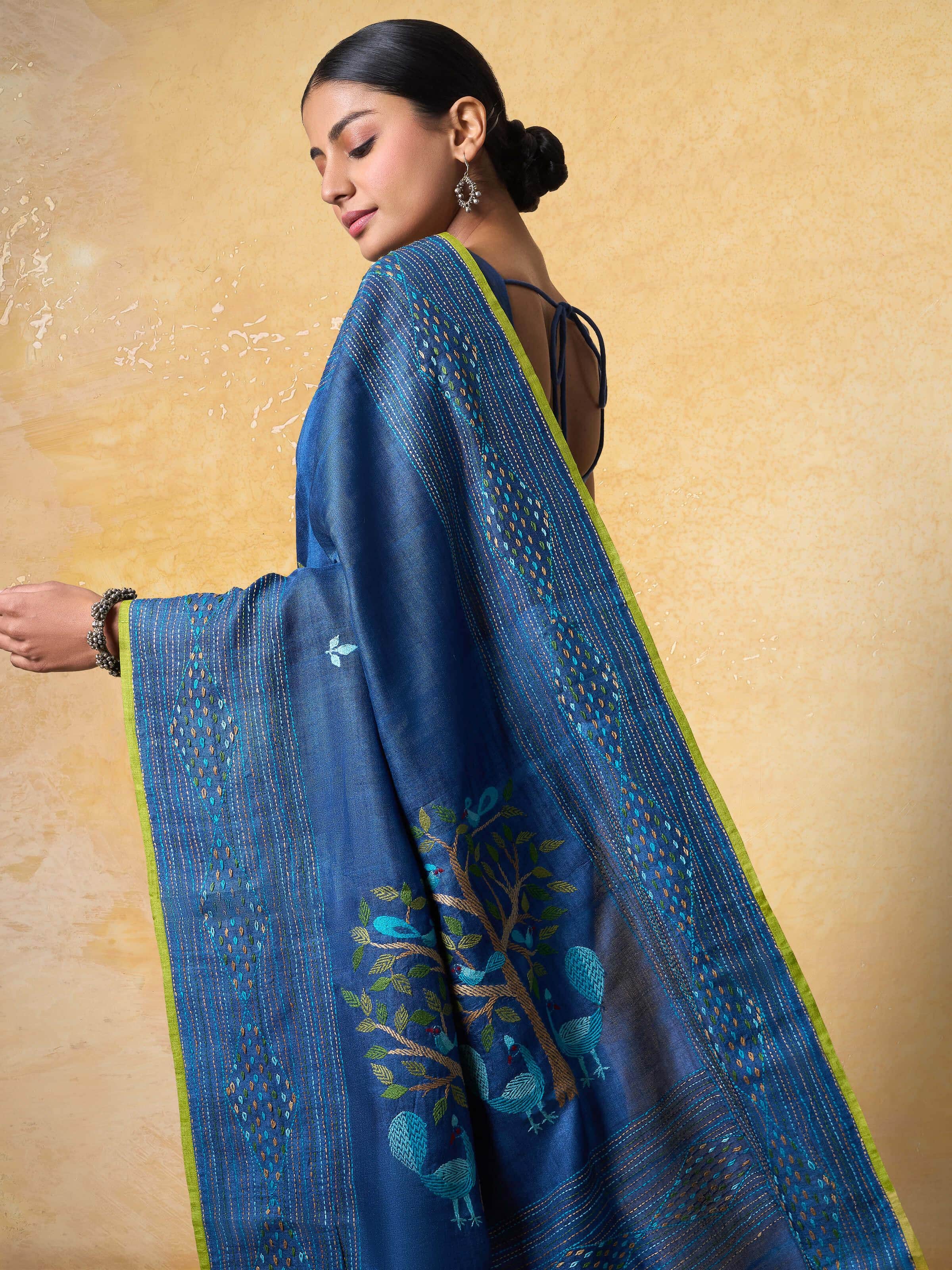 Angle view of Silk Kantha Embroidered Saree showcasing the intricate embroidery details