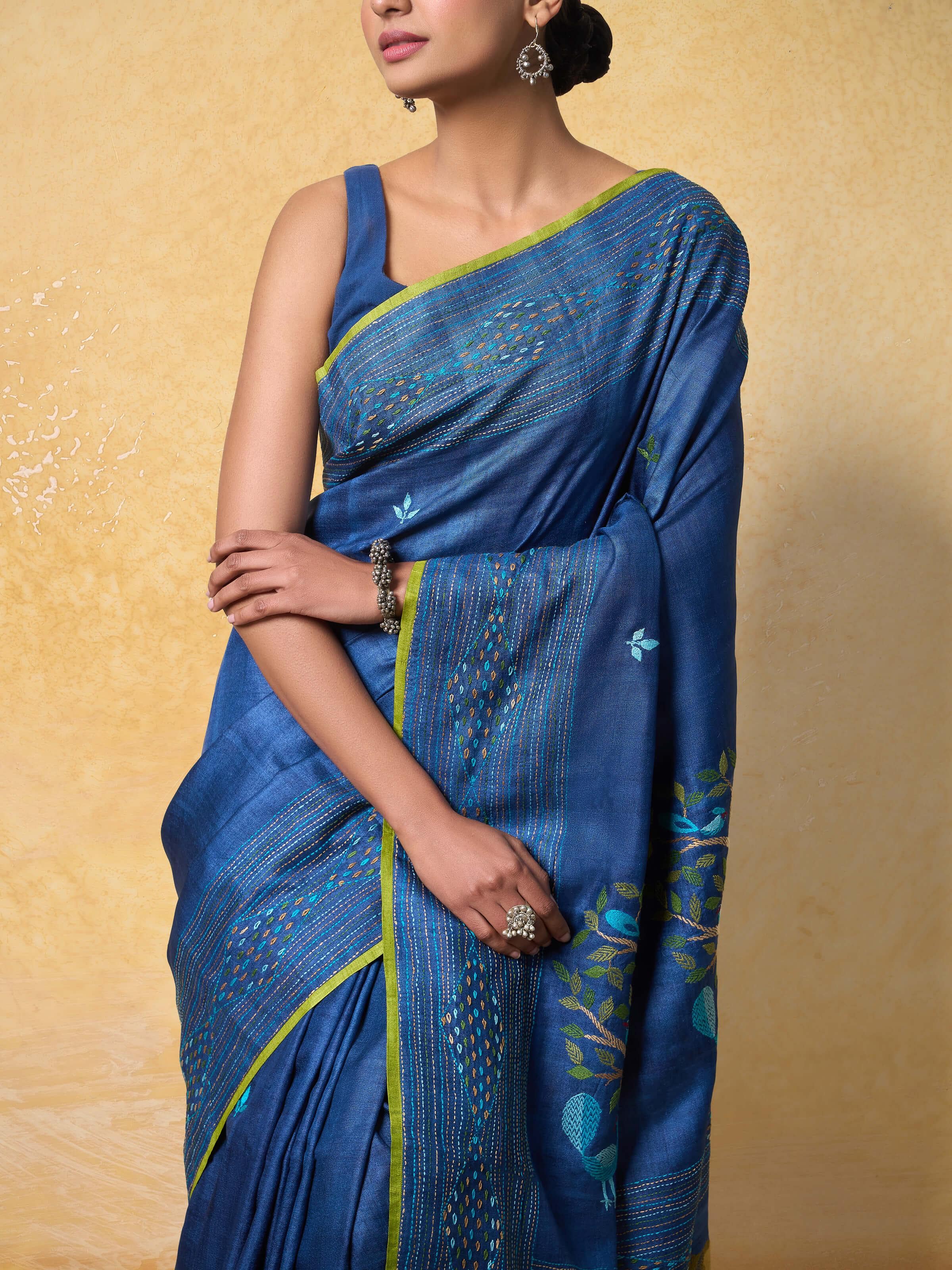 Close-up of Silk Kantha Embroidered Saree highlighting the fine Kantha stitching