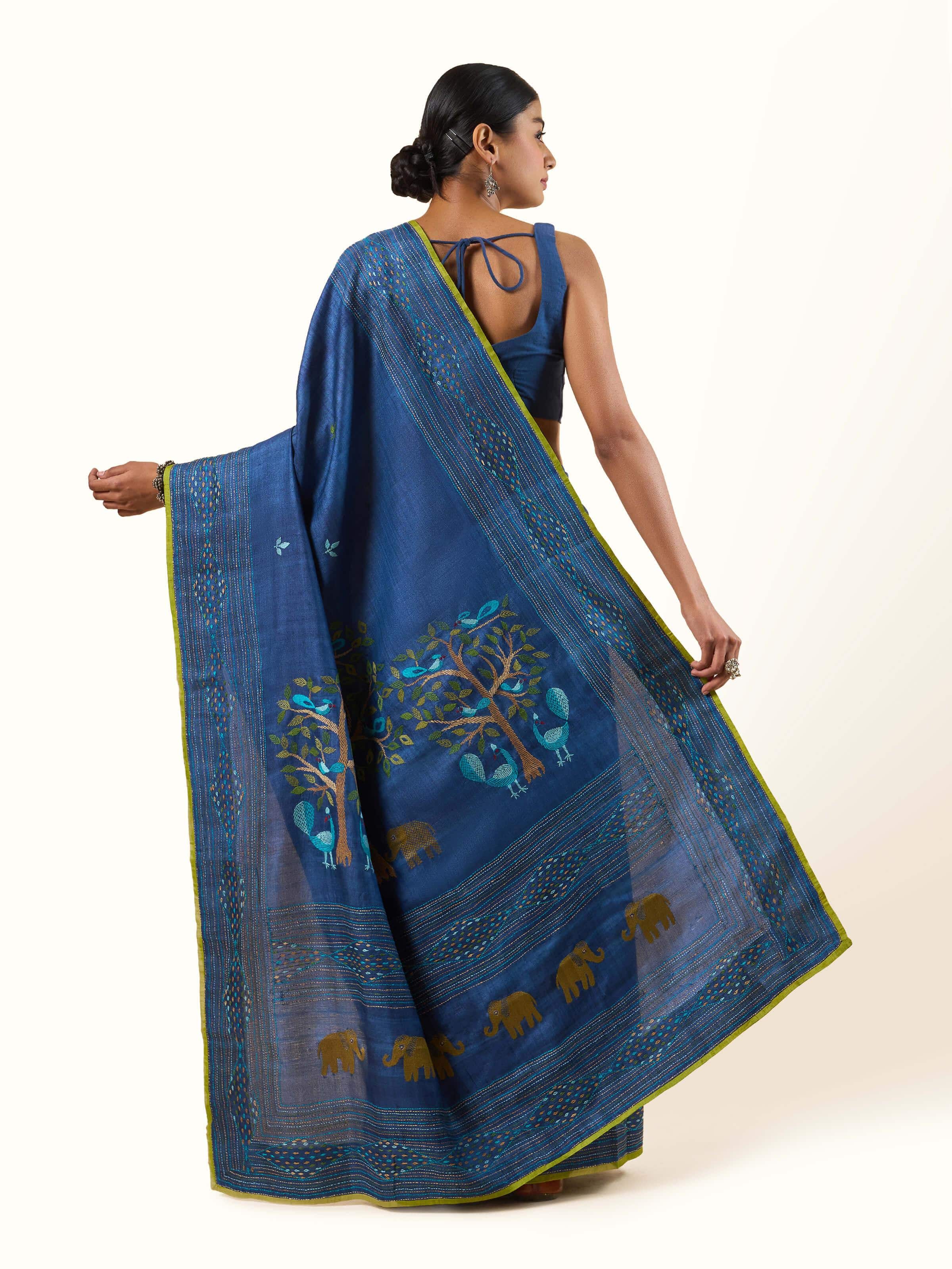 Back view of Silk Kantha Embroidered Saree showcasing its design and fabric texture