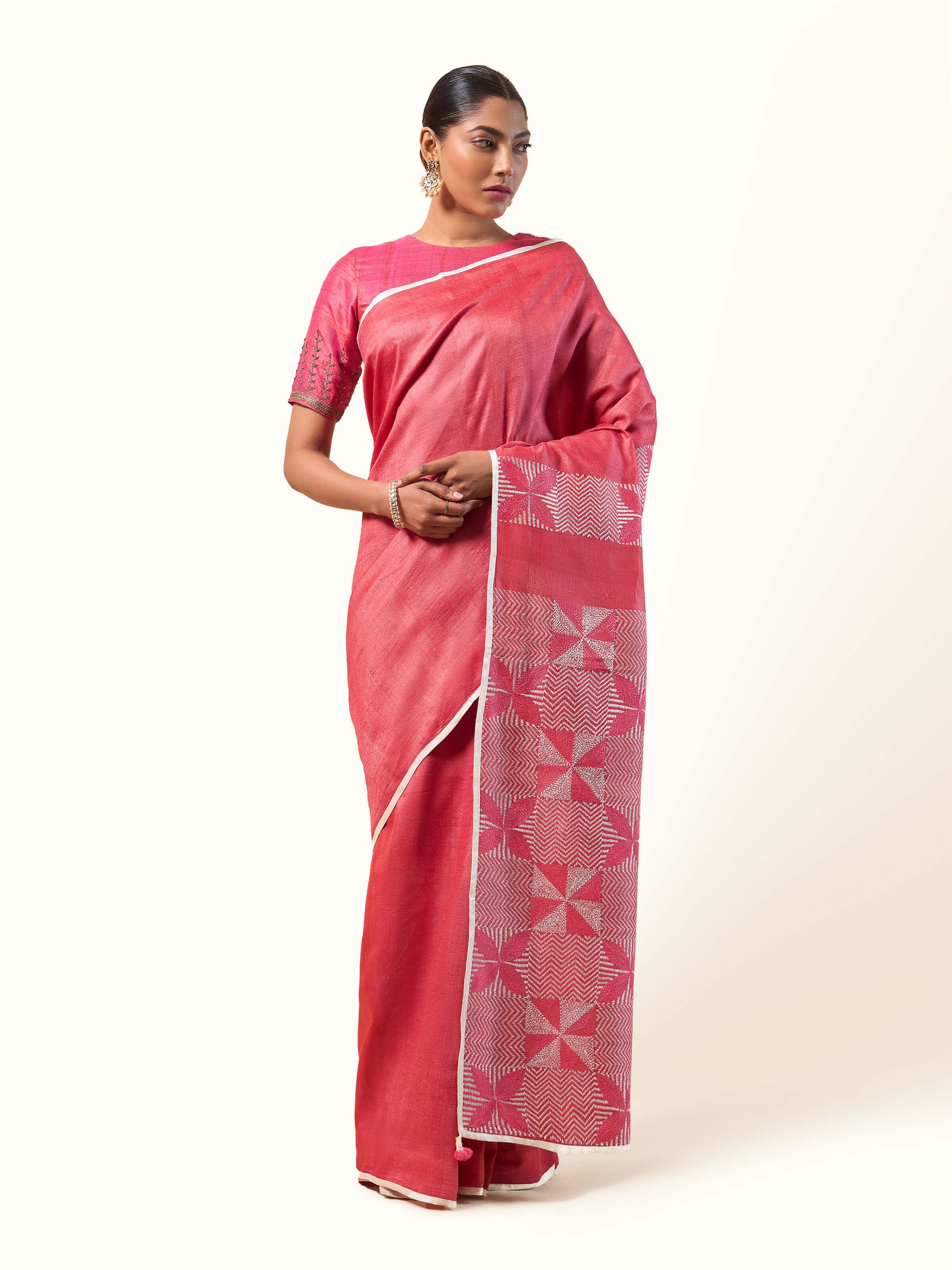Front view of Tussar Silk Sujani Embroidered Saree in traditional design