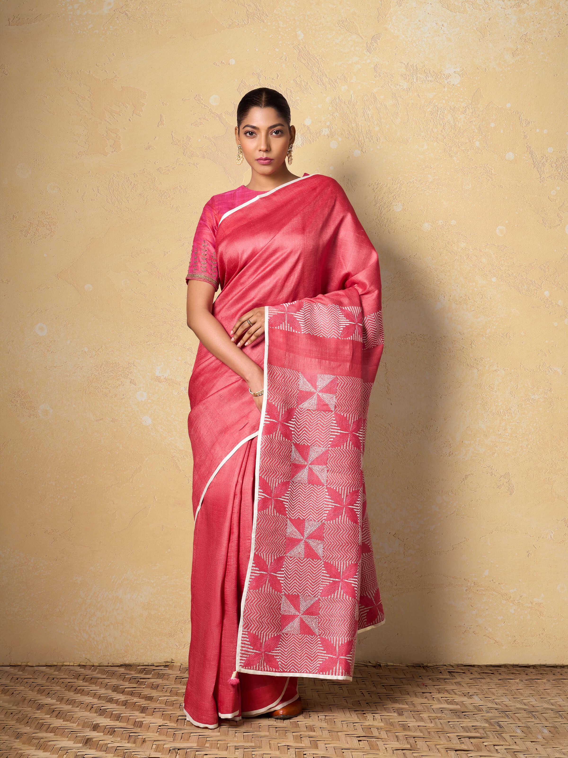 Close-up of intricate Sujani embroidery on Tussar Silk Saree