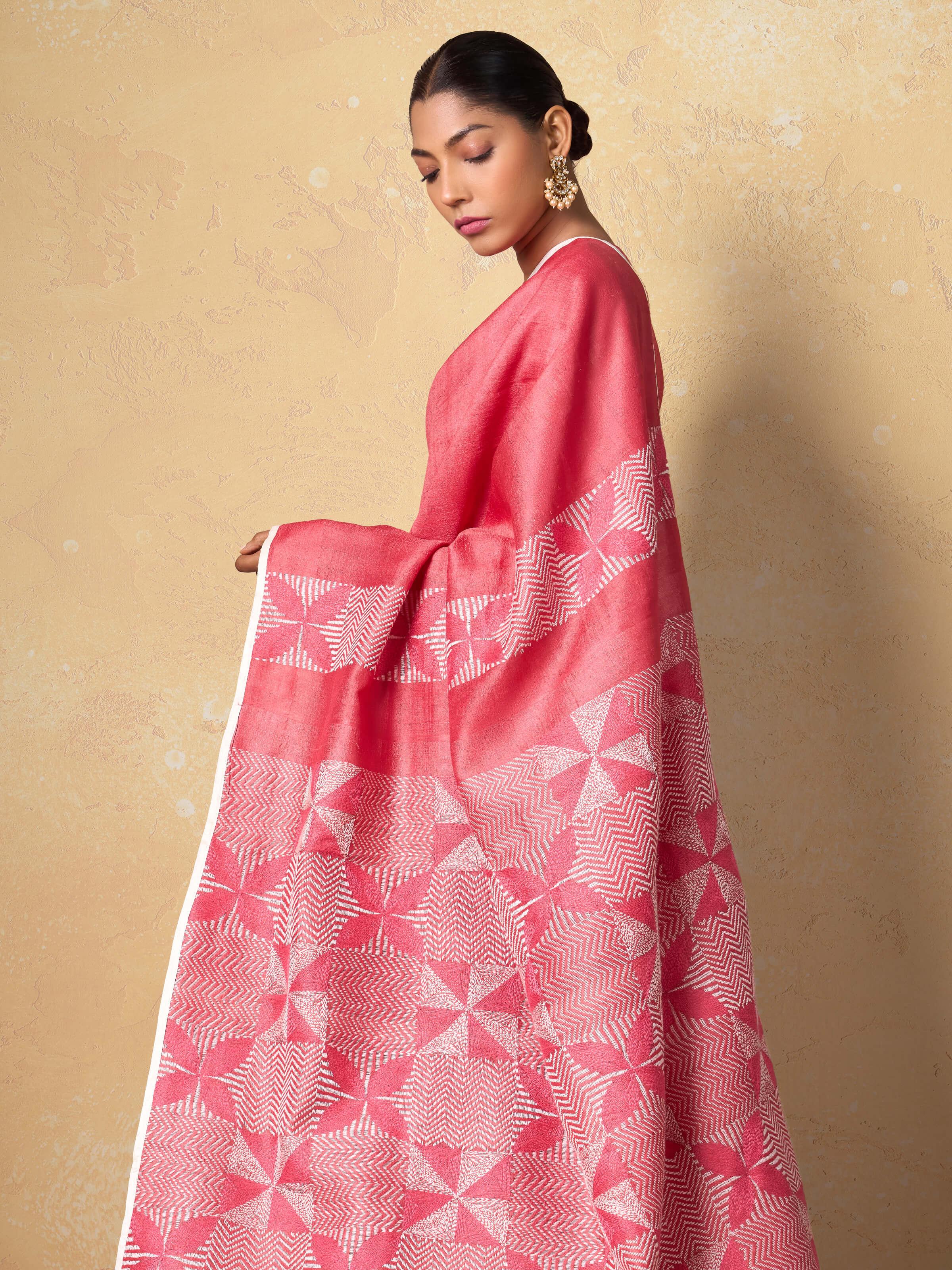 Angled view showcasing the elegant drape of Tussar Silk Sujani Embroidered Saree