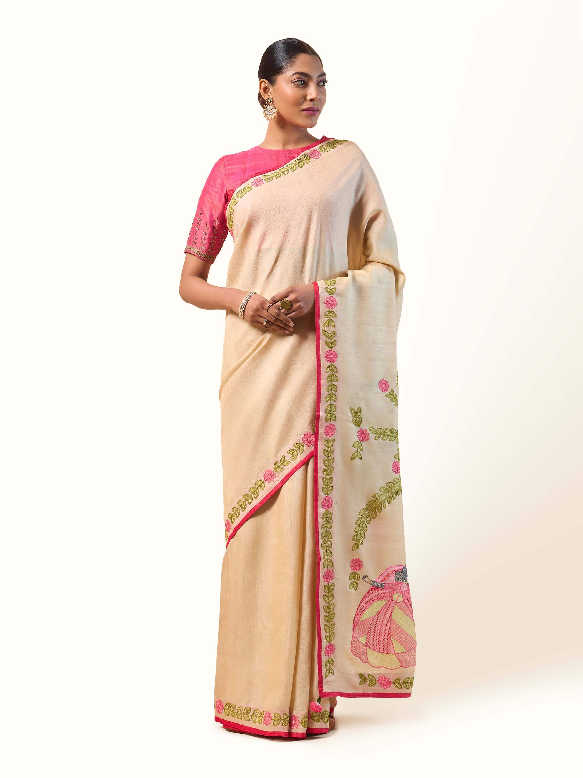 Front view of Tussar Silk Sujani Embroidered Saree showcasing intricate Sujani embroidery