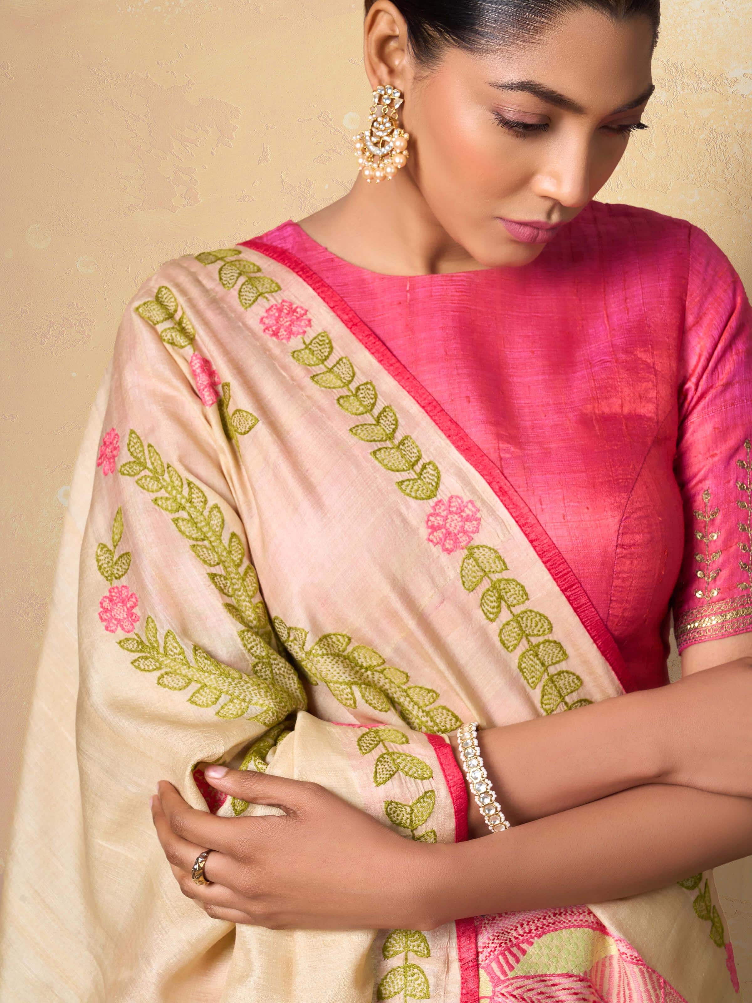 Angled view highlighting the detailed Sujani embroidery on Tussar Silk Saree