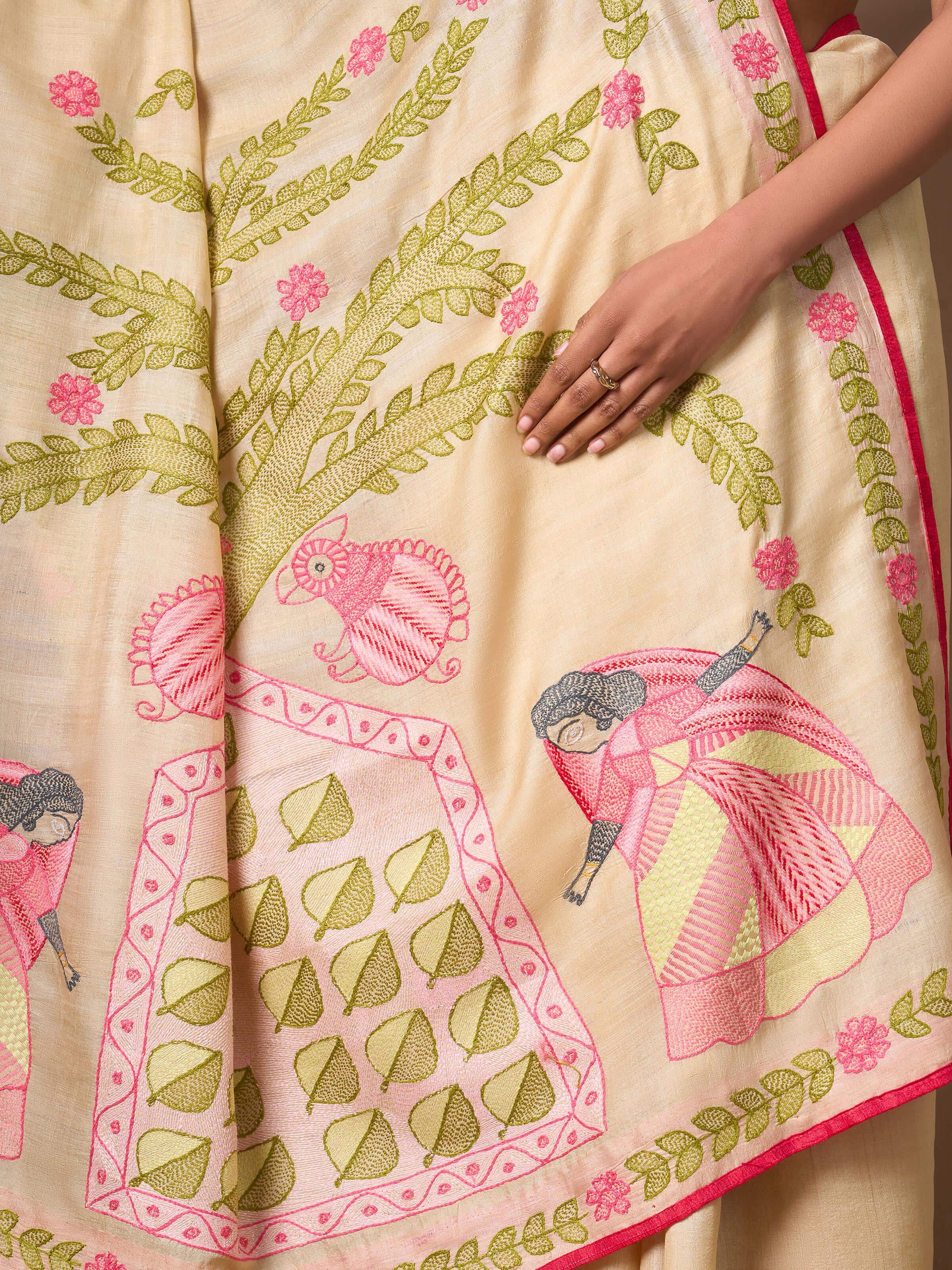 Close-up of intricate Sujani embroidery on Tussar Silk Saree