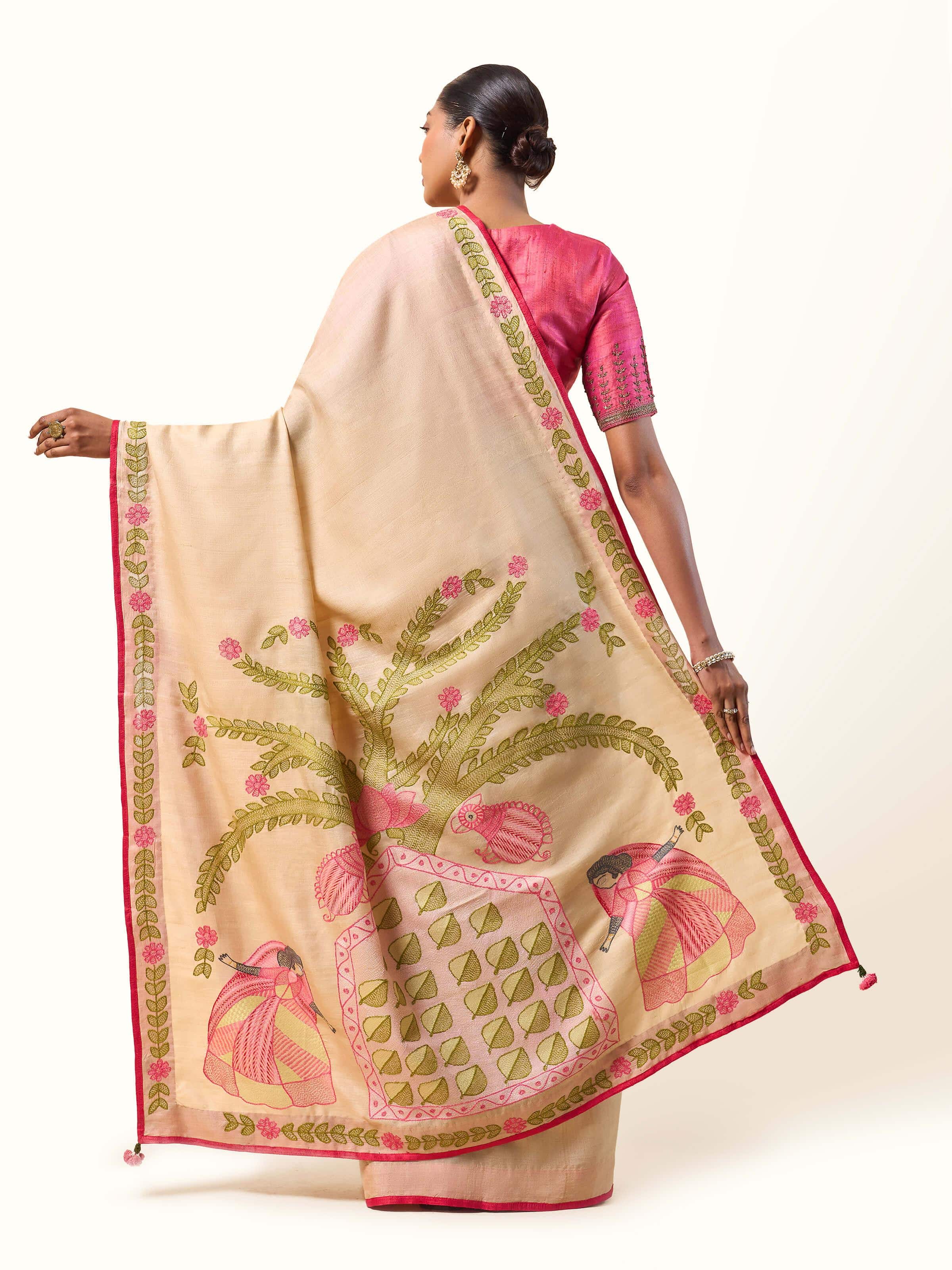 Back view of Tussar Silk Sujani Embroidered Saree highlighting its elegant design