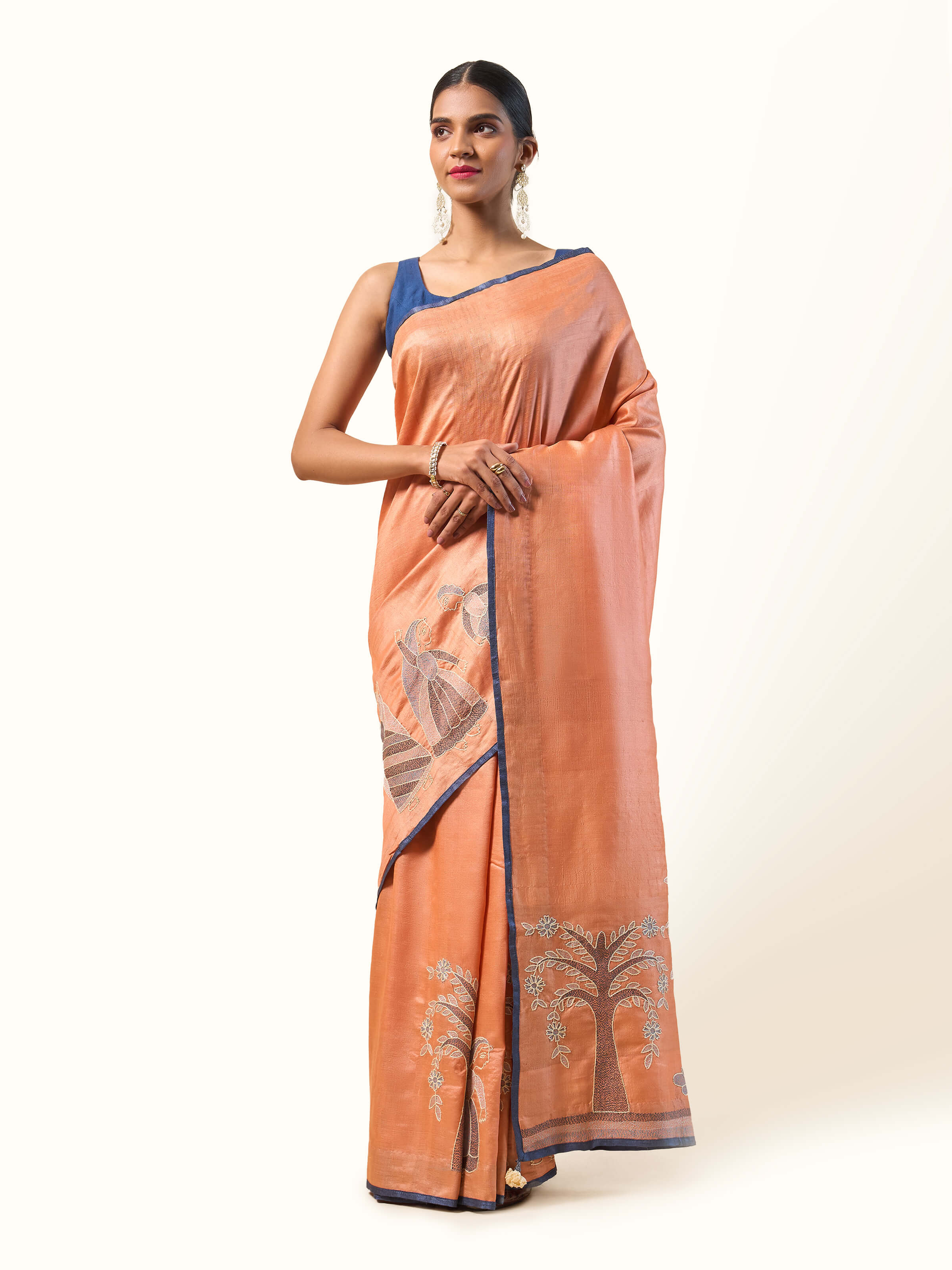 Orange Tussar Silk Sujani Embroidered Saree